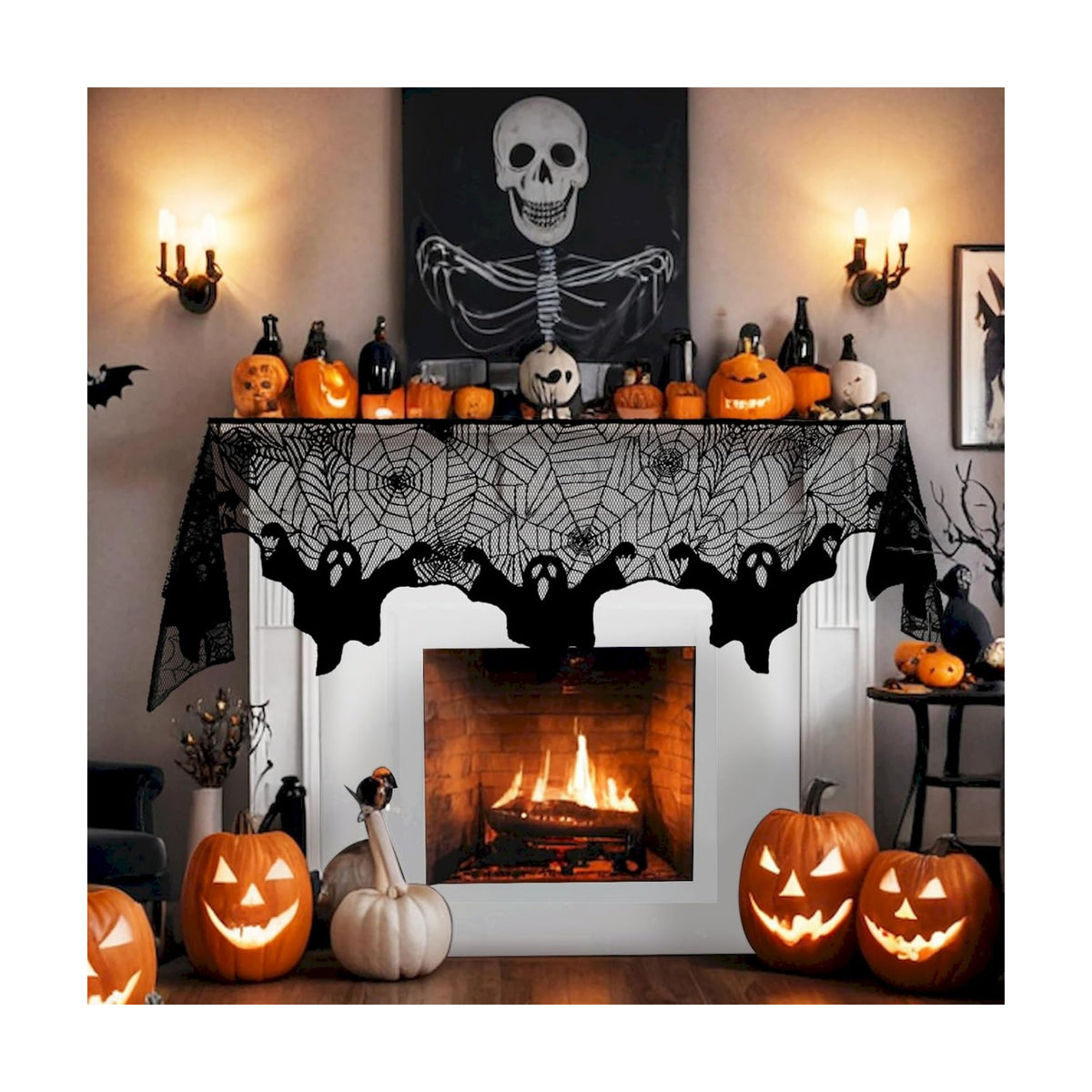 On-Airstore Halloween Mantle Scarf Ghost Spider Web Fireplace Scarf Black Embroidered Lace Table Runner Mantle Cover for Halloween Fireplace Decoration Halloween Party Supplies 79 x 20 Inch
