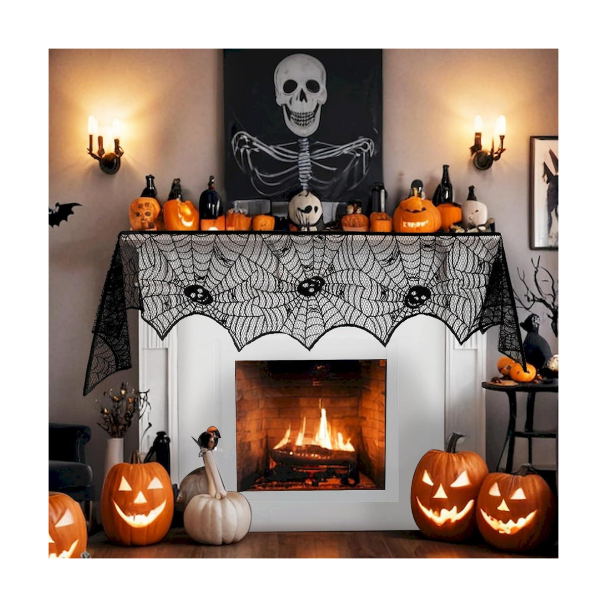 On-Airstore Halloween Mantle Scarf Skull Spider Web Fireplace Scarf Black Embroidered Lace Table Runner Mantle Cover for Halloween Fireplace Decoration Halloween Party Supplies 96 x 18 Inch