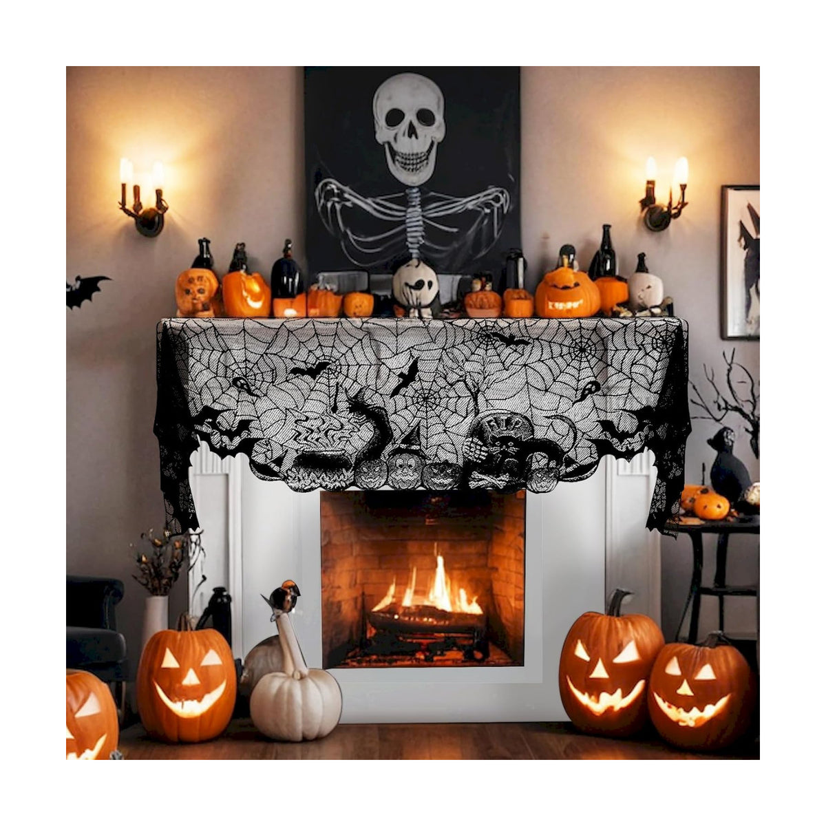 On-Airstore Halloween Mantle Scarf Pumpkin Bat Spider Web Fireplace Scarf Black Embroidered Lace Table Runner Mantle Cover for Halloween Fireplace Decoration Halloween Party Supplies 96 x 18 Inch