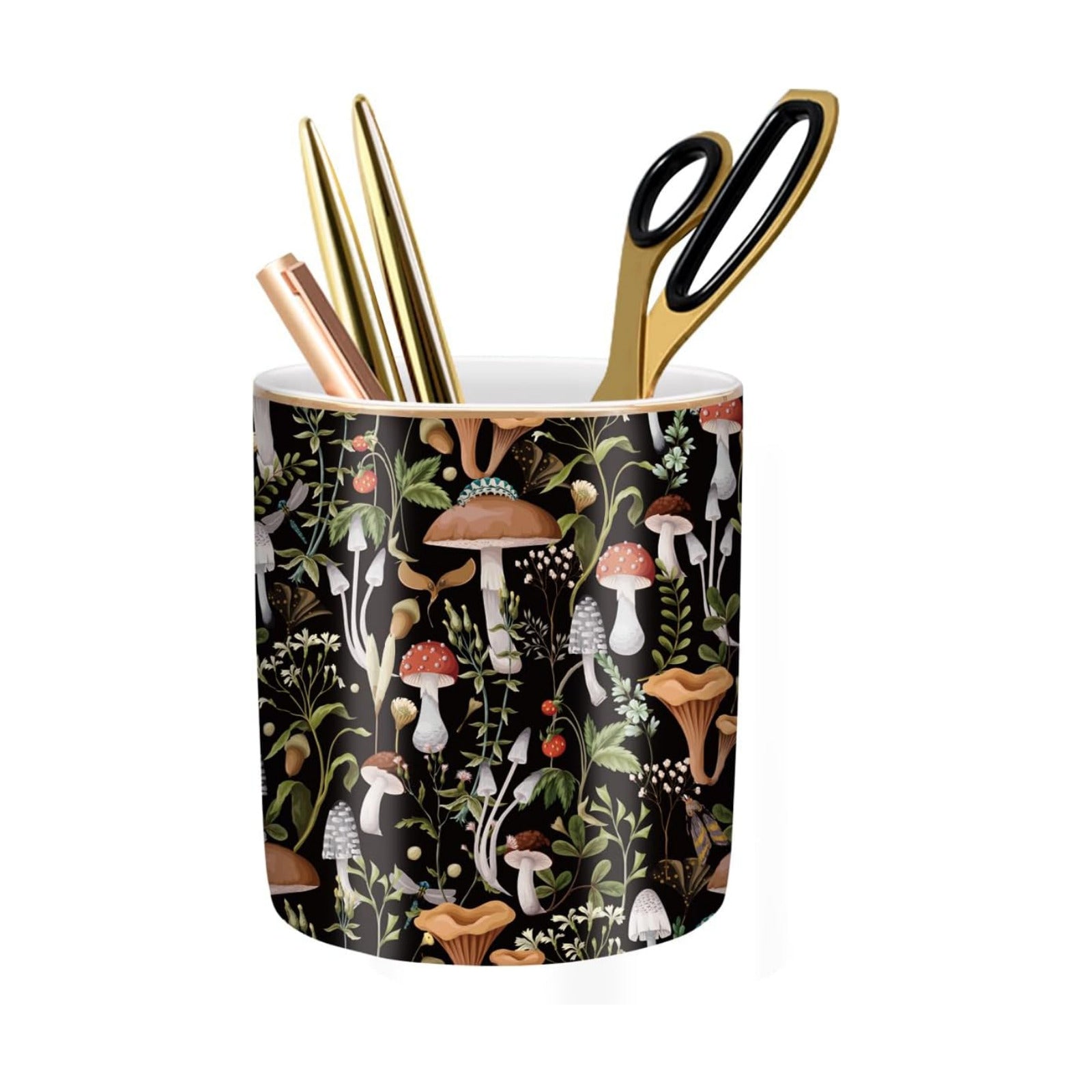Ceramic Pen Cup Makeup Brush Holder / Mushrooms Pattern
