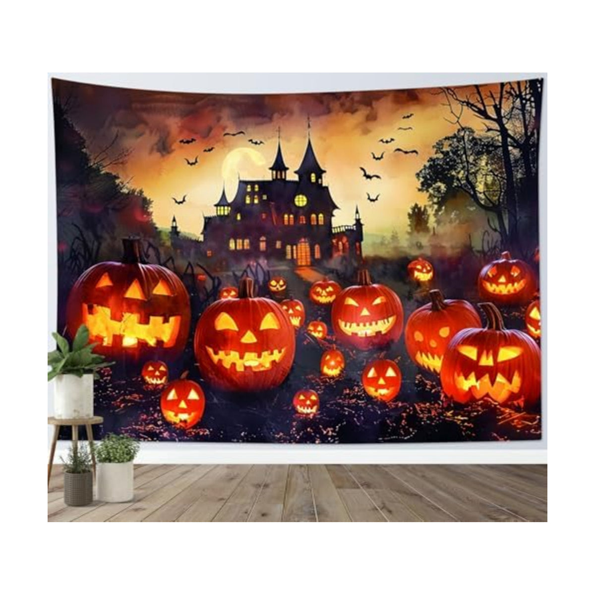 LB Halloween Tapestry Creepy Pumpkin Lantern Bat and Haunted Castle in Misty Forest Wall Tapestry for Bedroom Spooky Night Wall Hanging Tapestry Wall Art for Living Room Home Decor, 92.5 x 70.9 Inches