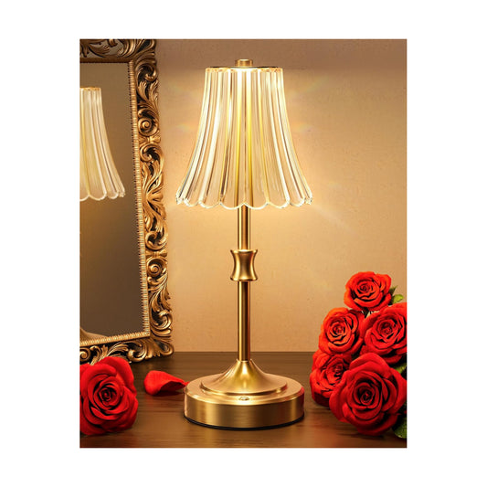 JACKYLED Vintage Cordless Table Lamp, 3 Colors Dimmable, 5000 Capacity | Acrylic Crystal Flower Lamp Shade, LED Golden