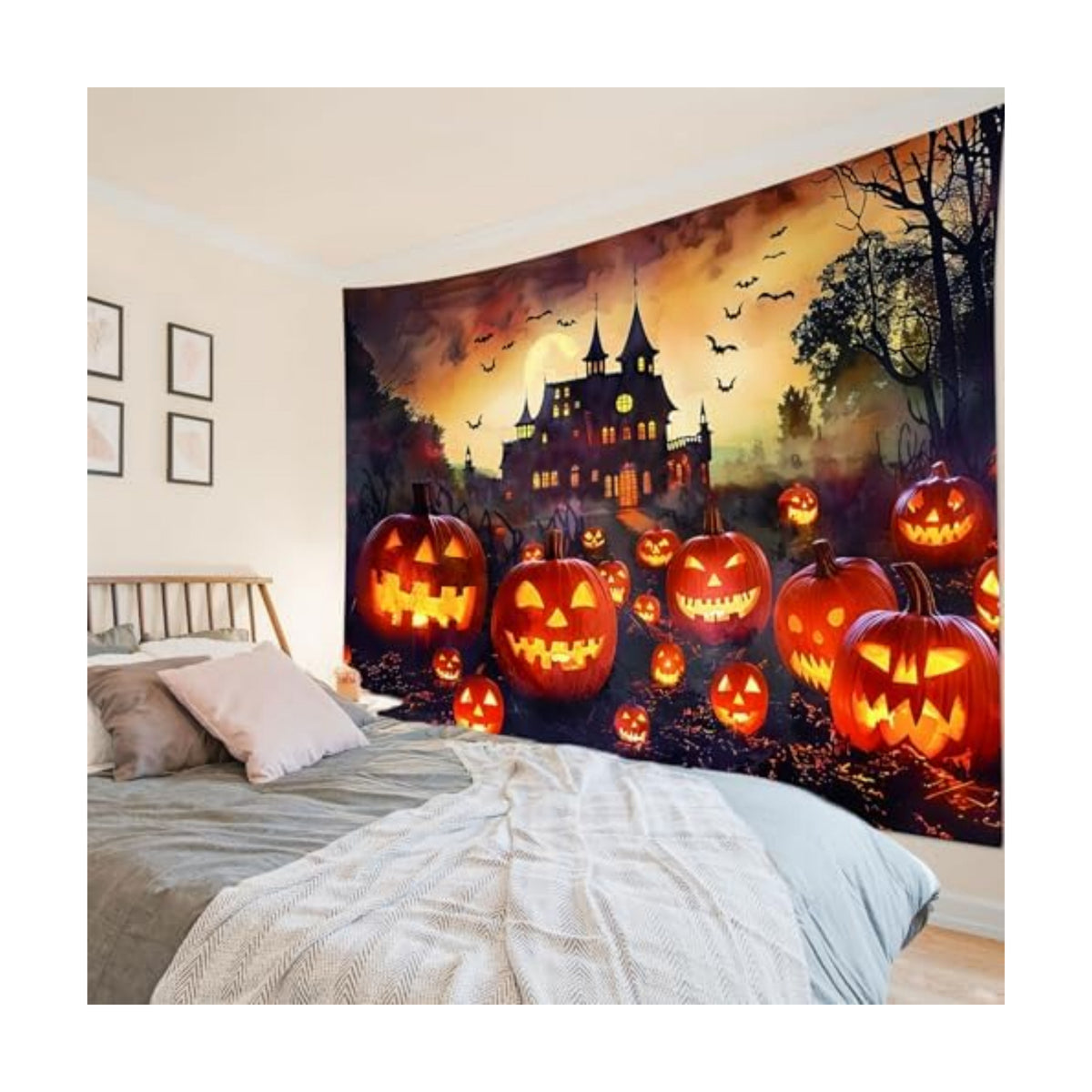 LB Halloween Tapestry Creepy Pumpkin Lantern Bat and Haunted Castle in Misty Forest Wall Tapestry for Bedroom Spooky Night Wall Hanging Tapestry Wall Art for Living Room Home Decor, 59 x 51 Inches