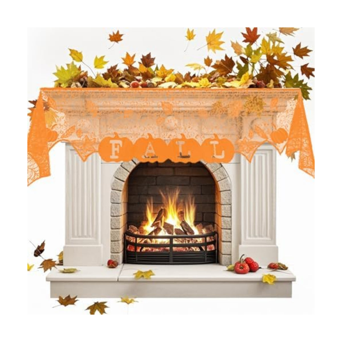 Fall Mantel Scarf Orange Fireplace Mantel Cover for Window Indoor Thanksgiving Decoration Lace Mantel Scarf for Halloween Home Party Holiday Decoration