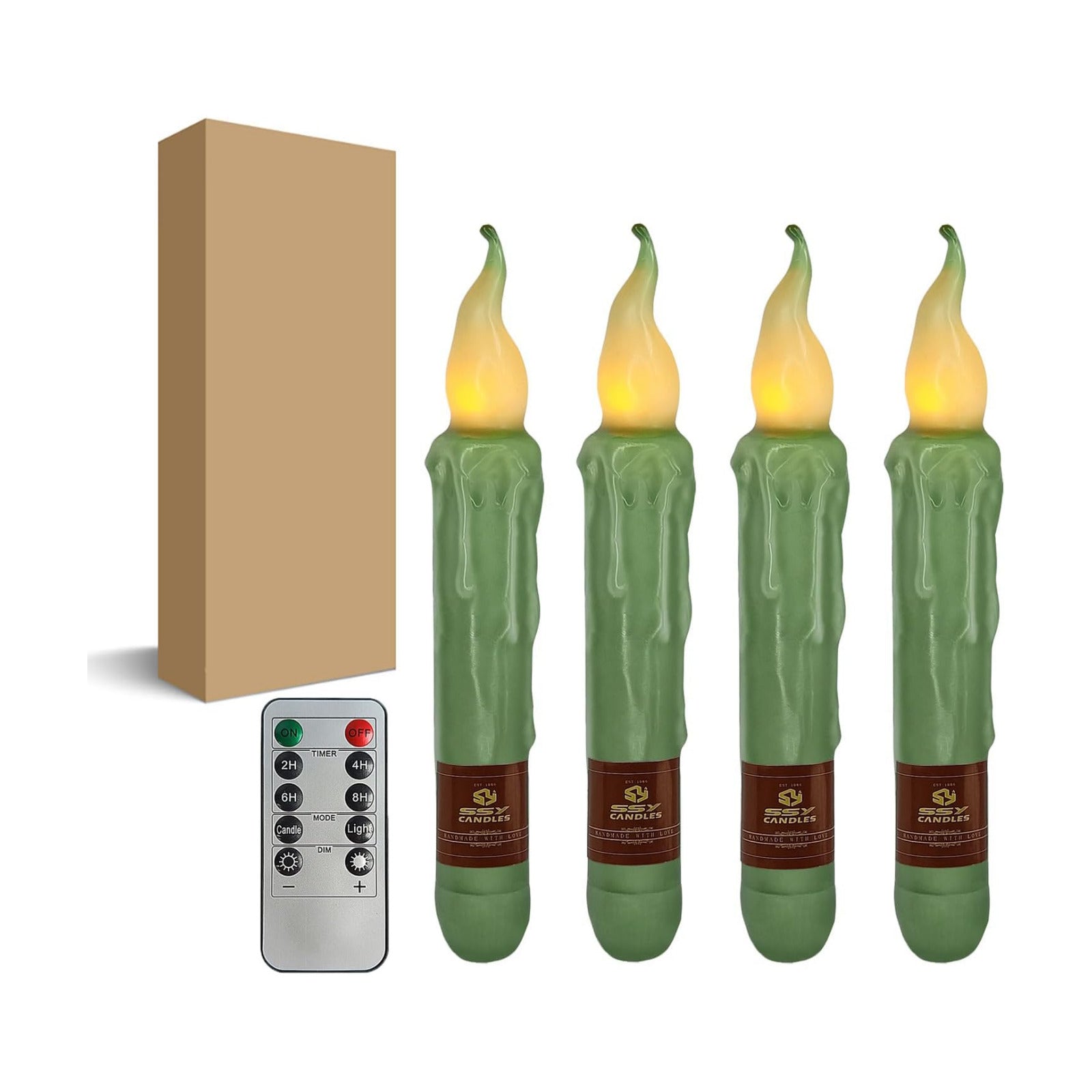 Sage Green Flameless Short Taper Candles, Real Wax Hand Dipped LED Battery Operated with Remote, Flickering Flame