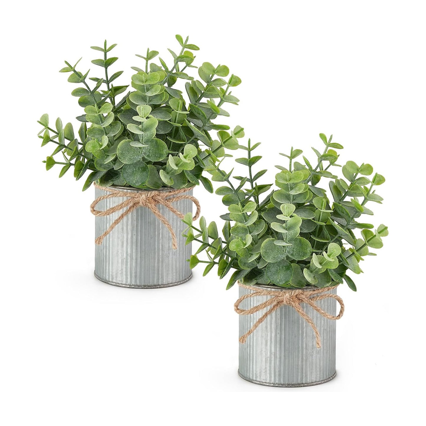 2 Packs Small Fake Plants in Farmhouse Galvanized Pots Table Centerpiece Mini Faux Eucalyptus Potted