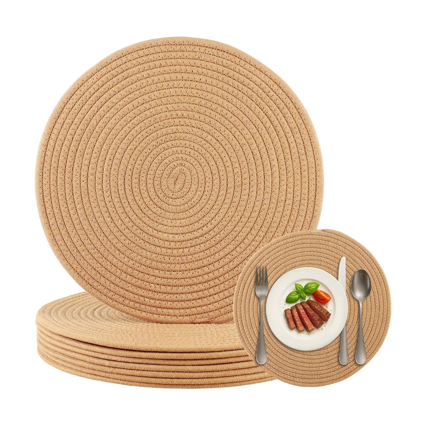 Round Woven Placemats Set of 8 Heat Resistant Placemats 13.5 Inches Farmhouse Cotton Rope Place Mats for Dining Tables