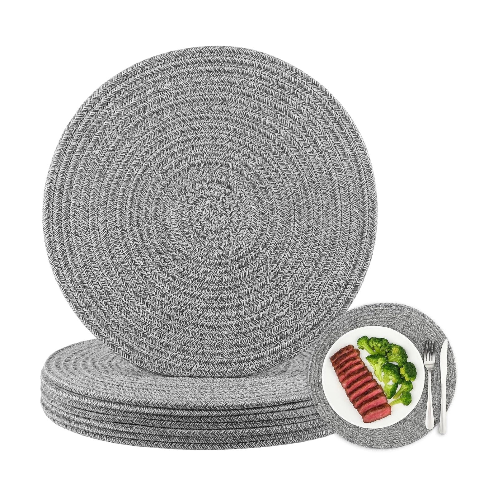 8 Pack Round Woven Placemats 13.5 Inches Heat Resistant Placemats Farmhouse Cotton Rope Braided Place Mats for Dining
