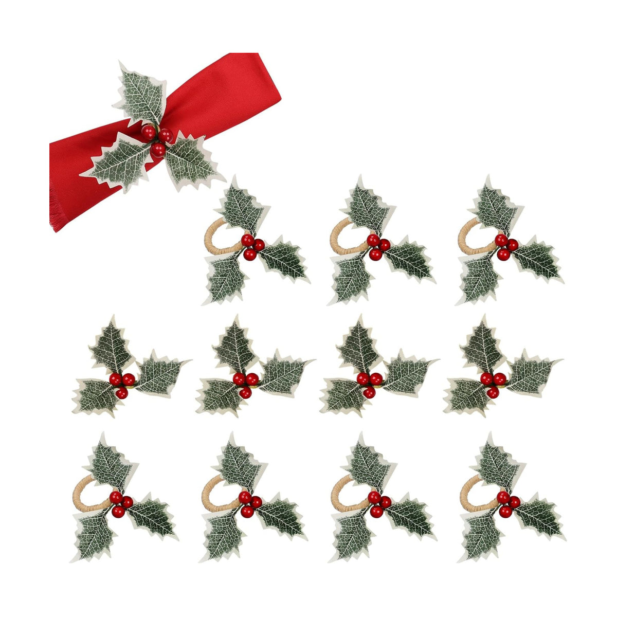 wonlex Farmhouse Napkin Ring Buckle Set of 12, Natural Rustic Serviette Buckles Holder for Table Decoration, Wedding, Thanksgiving Day,Christmas(Holly)