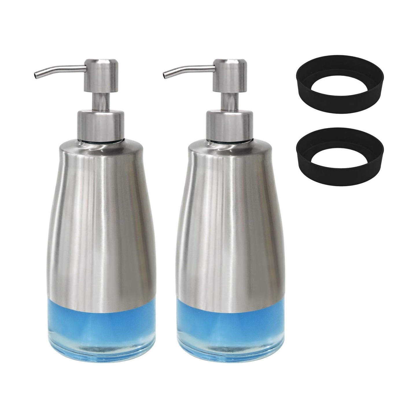 AUMIO 2-Pack Soap Dispenser Set, Stainless Steel & Glass with Silicone Pad | Detachable Non-Slip Silicone Pad | Stable