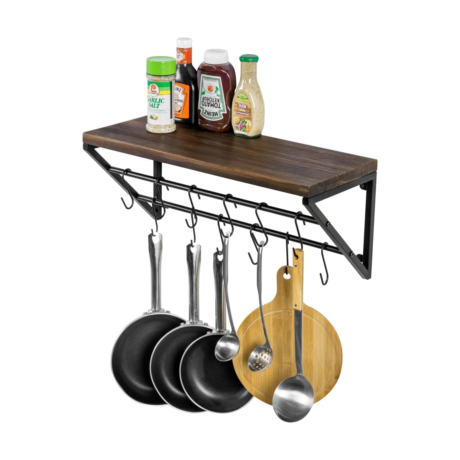 MyGift Urban Industrial Burnt Solid Wood Kitchen Floating Shelf with Black Metal Brackets for Pots and Pans with 12
