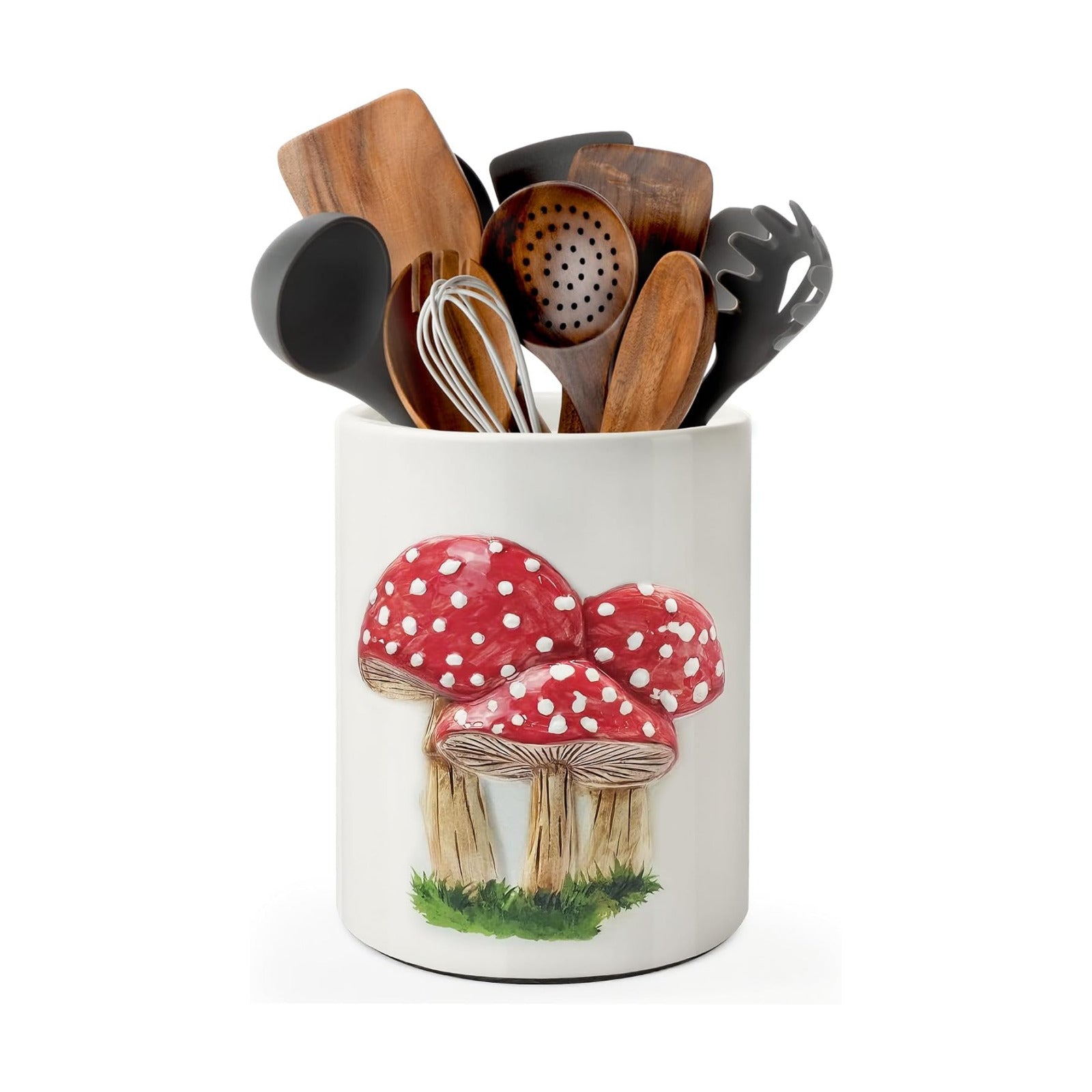 Embossed Kitchen Decor Ceramic Utensil Holder / Mushroom