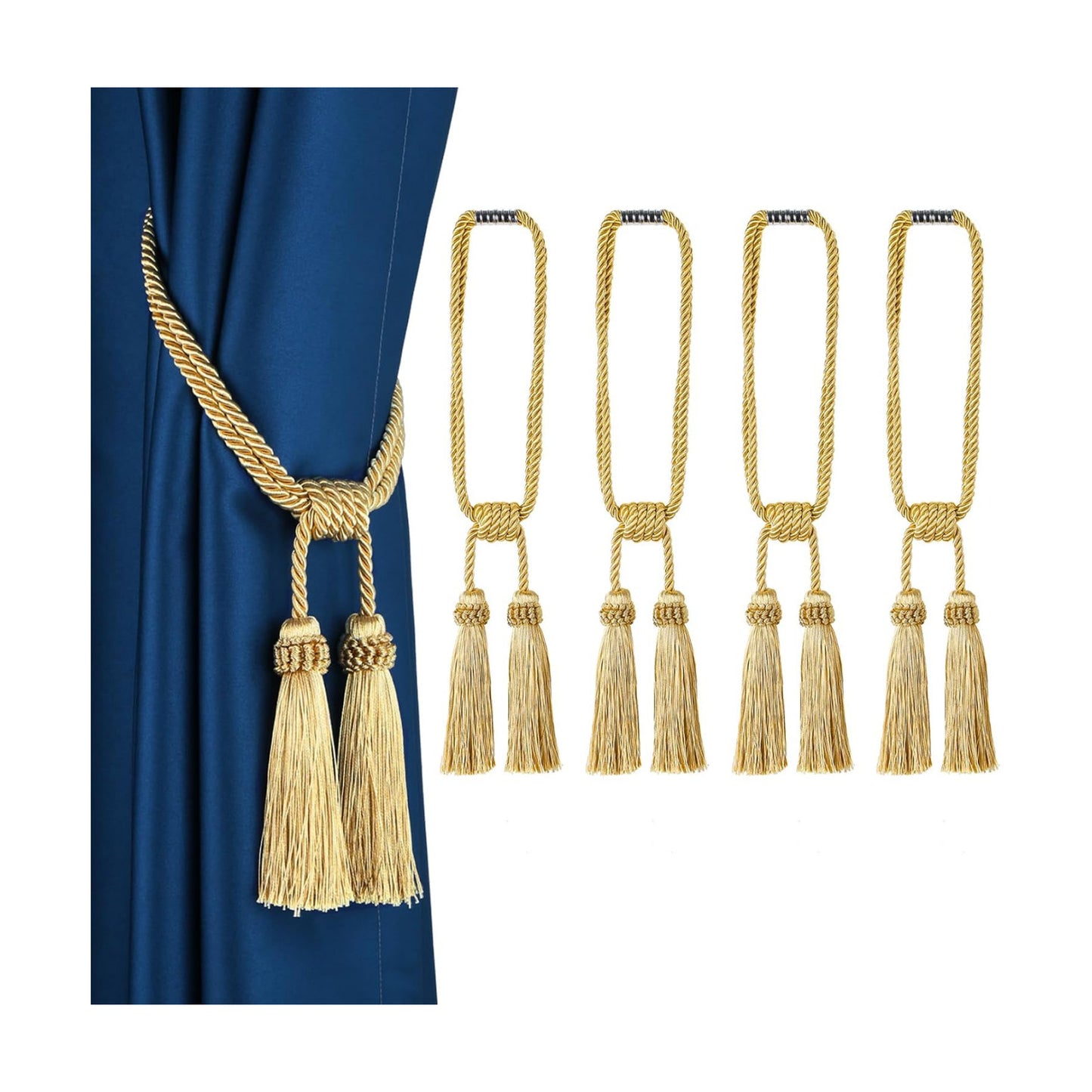 Magnetic Curtain Tiebacks Handmade Tassel Drapery Holdback,4P | Gold,Modern Handmade Tie Backs,Magnet Tassel Curtain