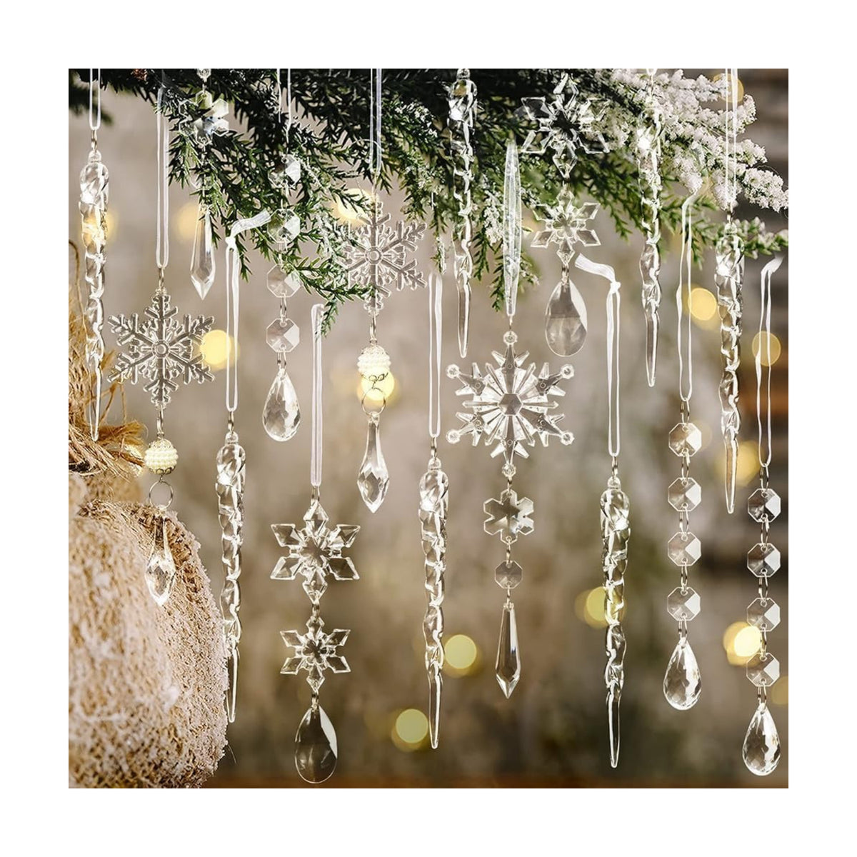 Crystal Christmas Tree Ornaments, Clear Acrylic Snowflake & Icicle, 32pcs