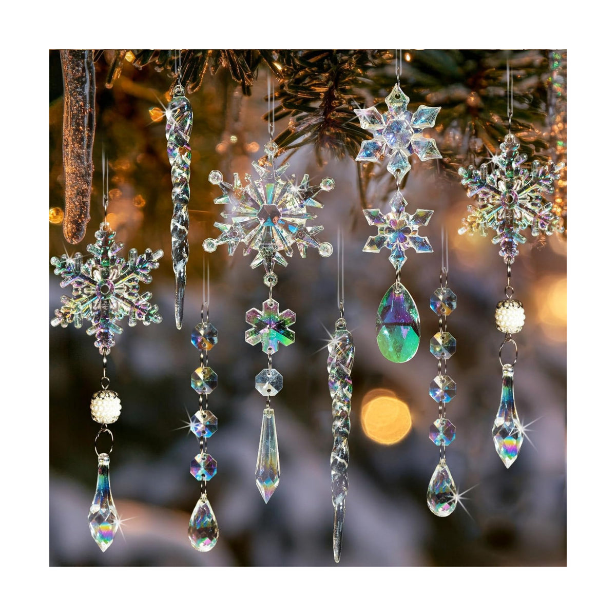 Crystal Christmas Tree Ornaments, 32pcs Iridescent Acrylic Snowflake Icicle