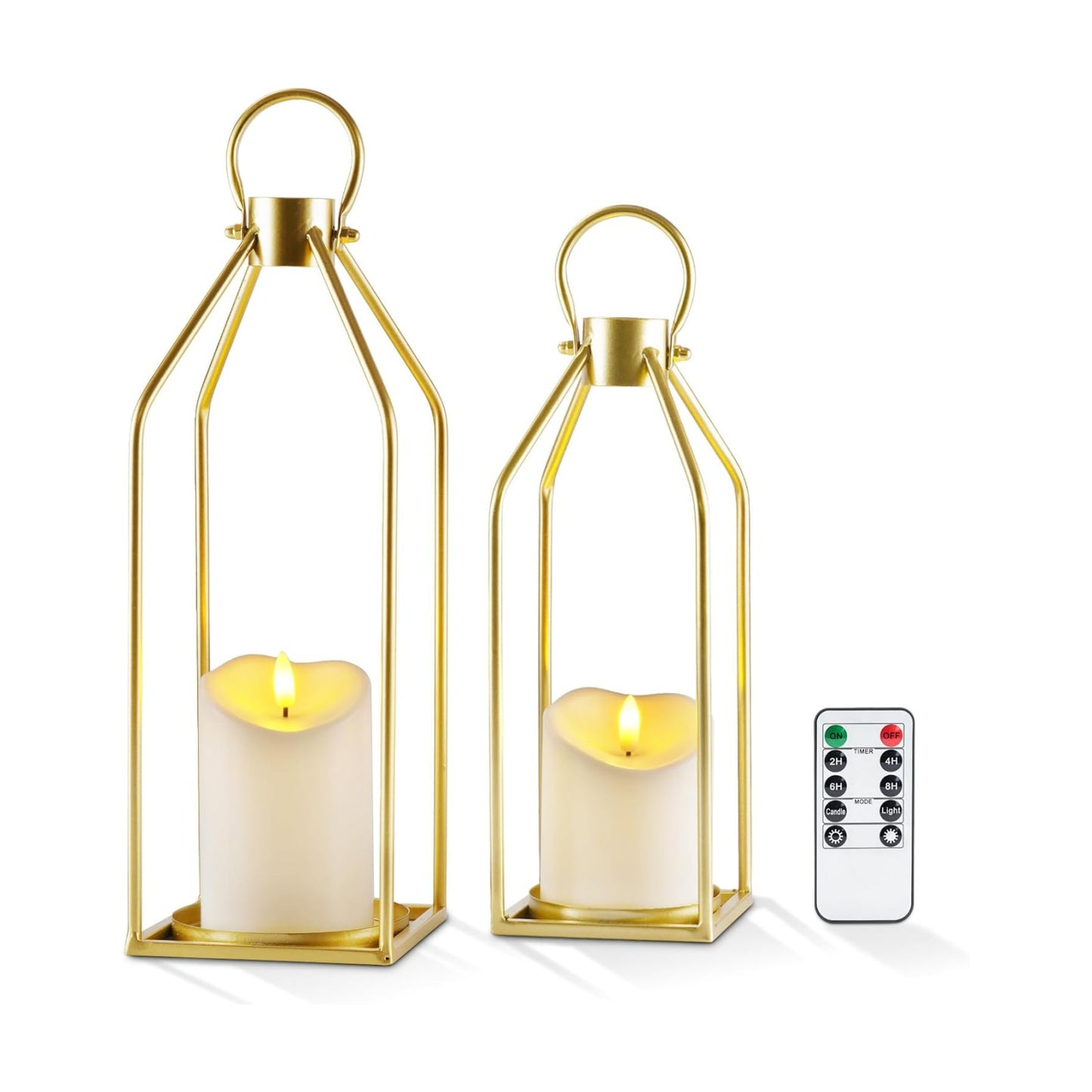 Homemory Modern Farmhouse Gold Metal Lanterns 2PCS with Flameless Candle | Waterproof Lantern Design Outdoor Indoor