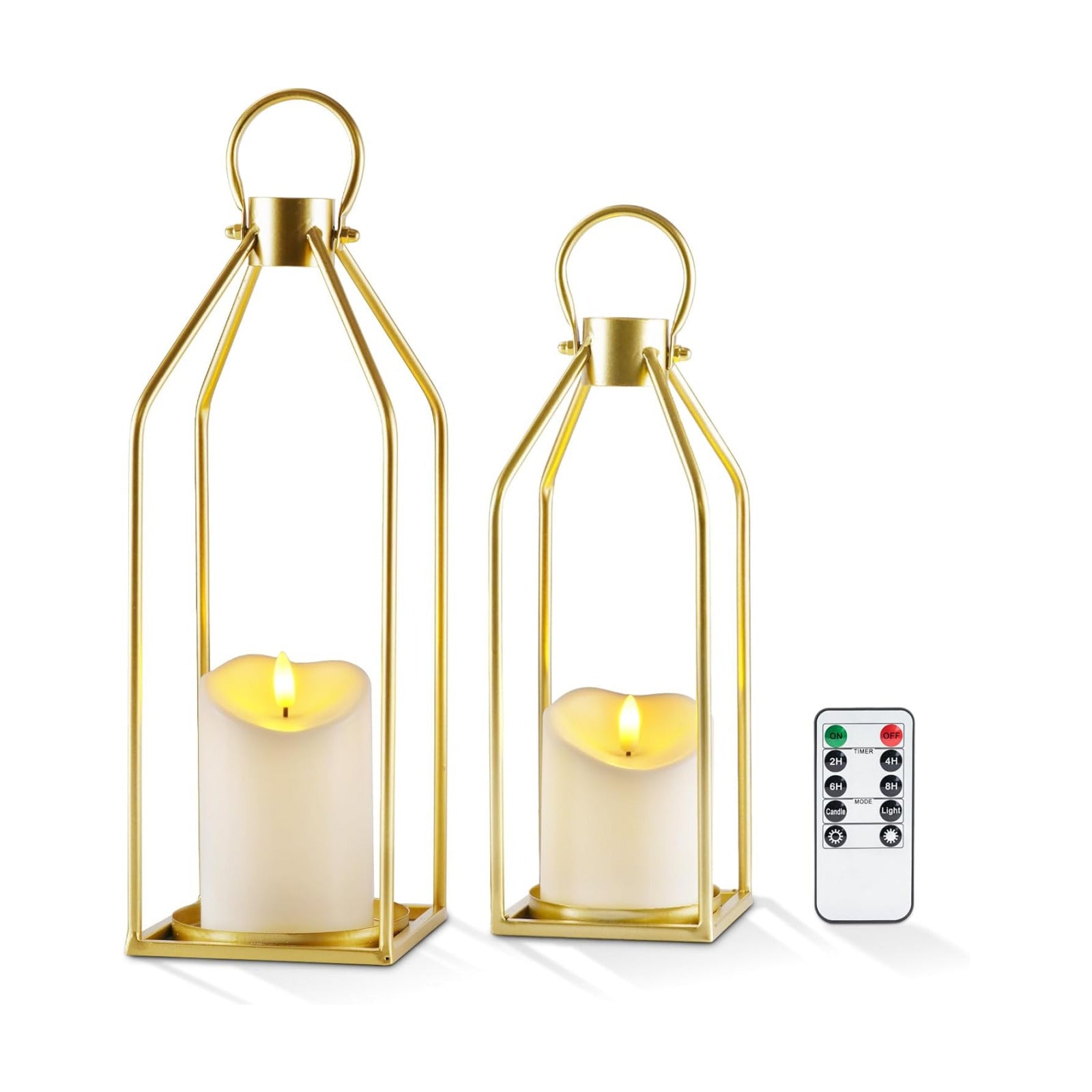 Homemory Modern Farmhouse Gold Metal Lanterns 2PCS with Flameless Candle | Waterproof Lantern Design Outdoor Indoor