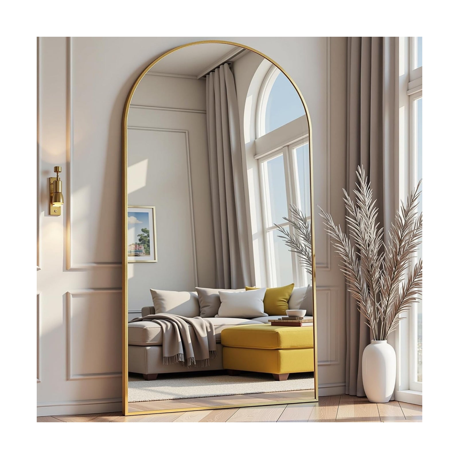 Prywot Arched Full Length Mirror, 71"x30" Free Standing Floor Mirror, Gold