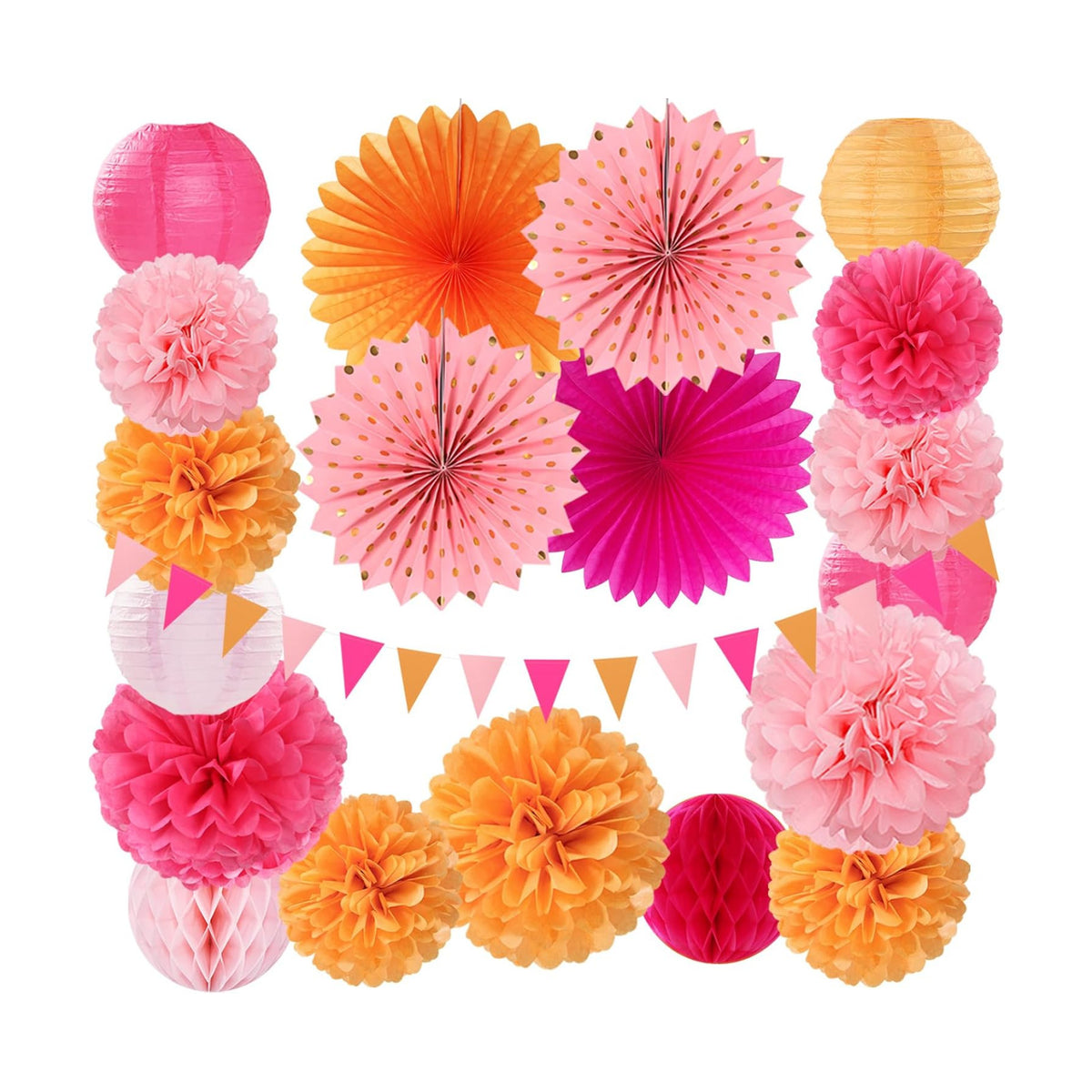 Pink-Orange Fall Party-Decorations Paper-Flowers Lanterns - 20PCS Autumn Wedding Birthday Tissue Pom Poms Streamers Fans Honeycomb, Groovy Boho Baby Shower Rustic Hanging Supplies Decor Burgleda