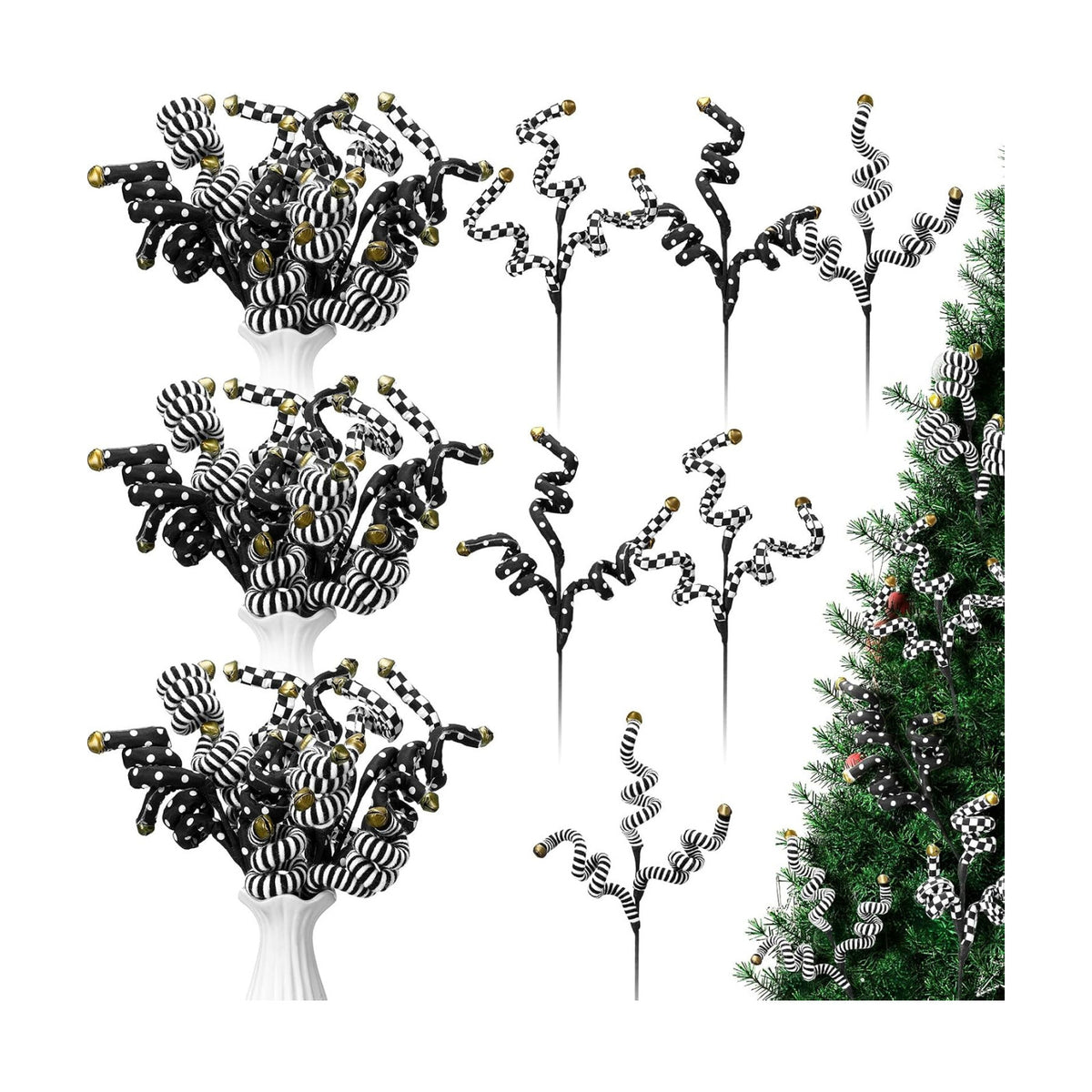 Thiccywoov 6 Pcs Christmas Tree Picks Black and White Christmas Ornaments Woolen Bells Curly Picks Xmas Branches Xmas Halloween Decoration Home Office Party Ornaments