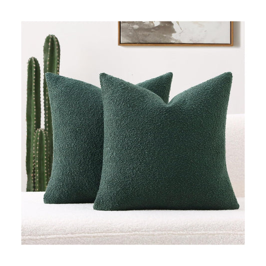 Dark Decorative Throw Pillow Covers Soft Solid Boucle Textured Cushion / Green / 18 x 18 / Set of 2