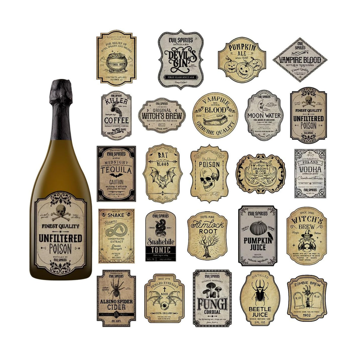 24 Pieces Wine Bottle Labels, Creepy Halloween Stickers for Wine Beer