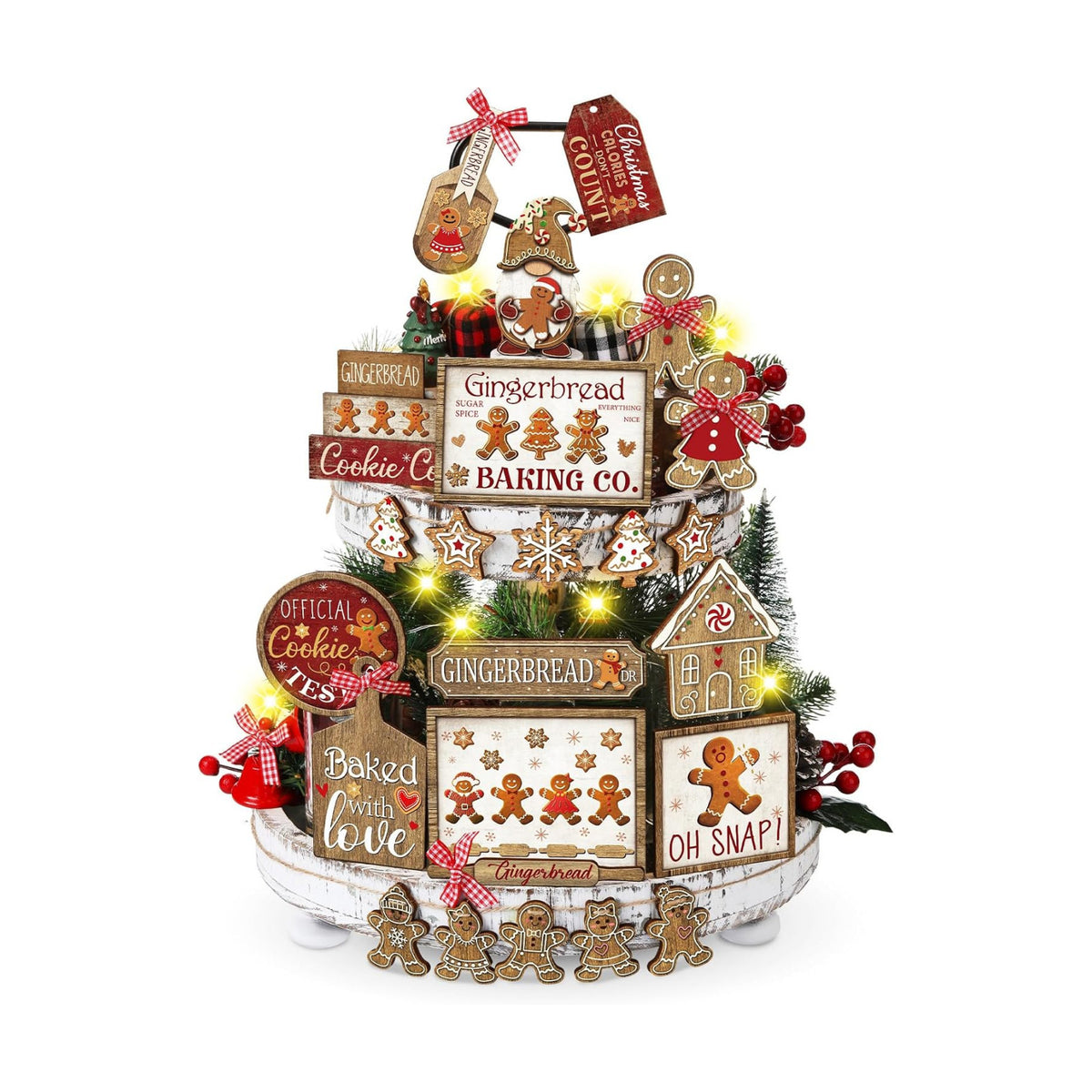 Shellwei 24 Pcs Christmas Tiered Tray Decor Set Wood Rustic Gingerbread Christmas Decoration Winter Farmhouse Decor Xmas Trees Gnome Elk Snowflake Signs for Table Shelf Home Centerpiece (Cute)