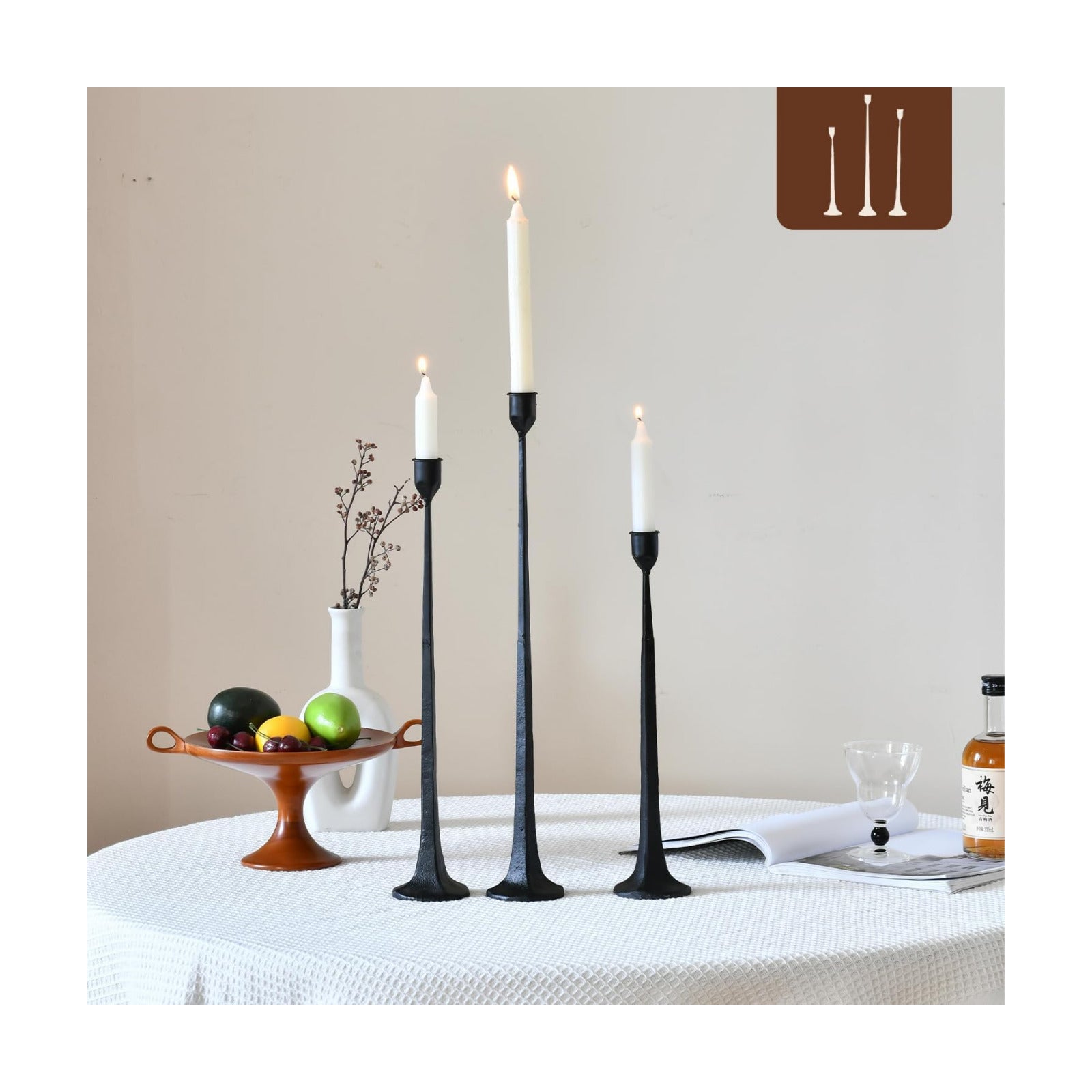 Iron Black Candlestick Holders, Set of 3 Candle Stick Holders,Fits 3/4 inch Thick Candle&Led Candles, Vintage Modern