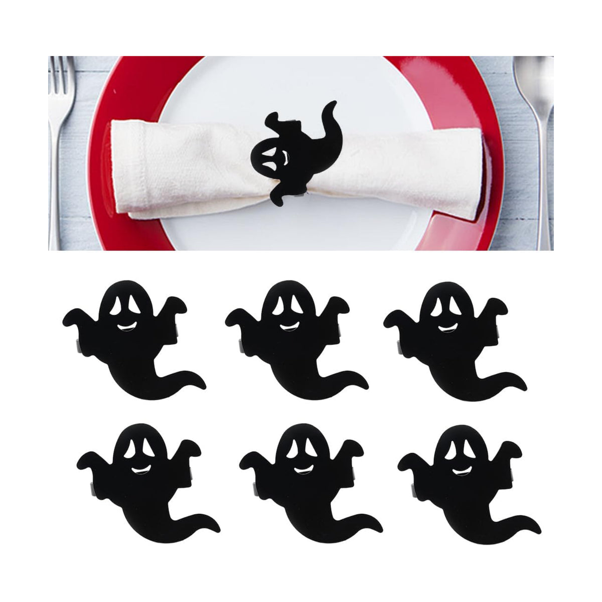 Spooky Napkin Rings, Halloween Napkin Rings Set of 6, Black Napkin Rings Stainless Steels Serviette Buckle Ring Halloween Napkin Holder for Party Dinner Holidays Decorations (Black, 6 pcs)