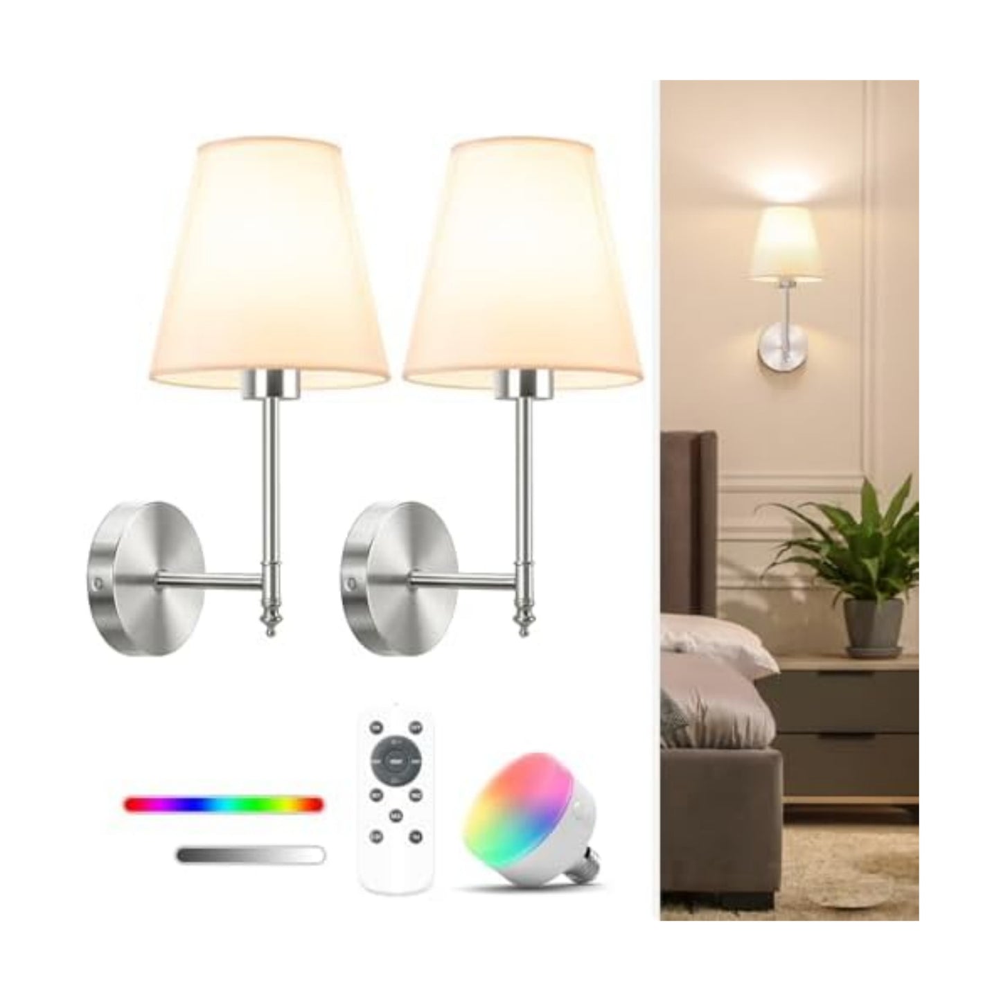 NIORSUN 14.5 inch Battery Operated Wall Sconce Set of 2,Brushed Nickel Rechargeable Wall Lights with 10400mAh Dimmable