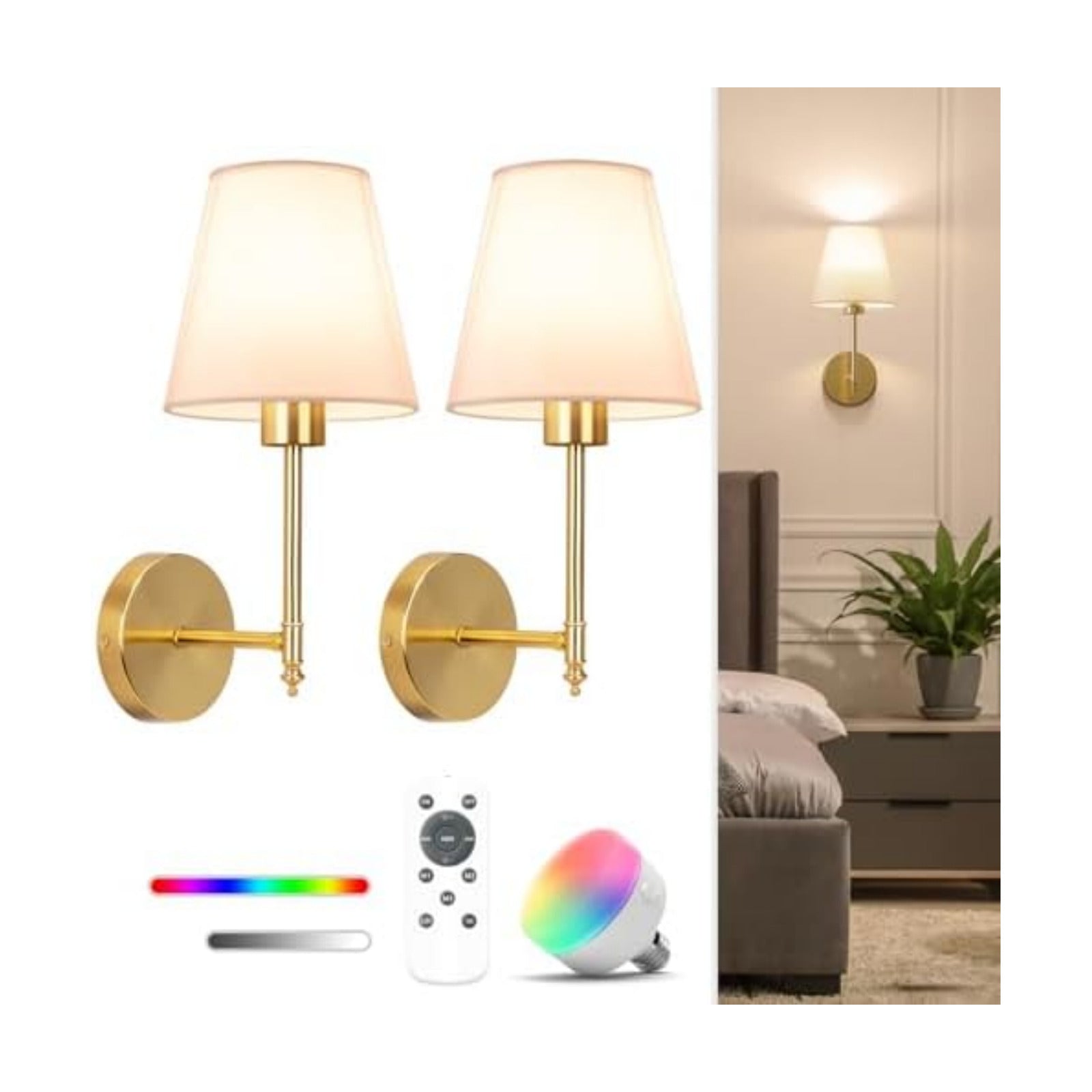 NIORSUN 14.5 inch Battery Operated Wall Sconce Set of 2,Gold Rechargeable Wall Lights with 10400mAh Dimmable Detachable