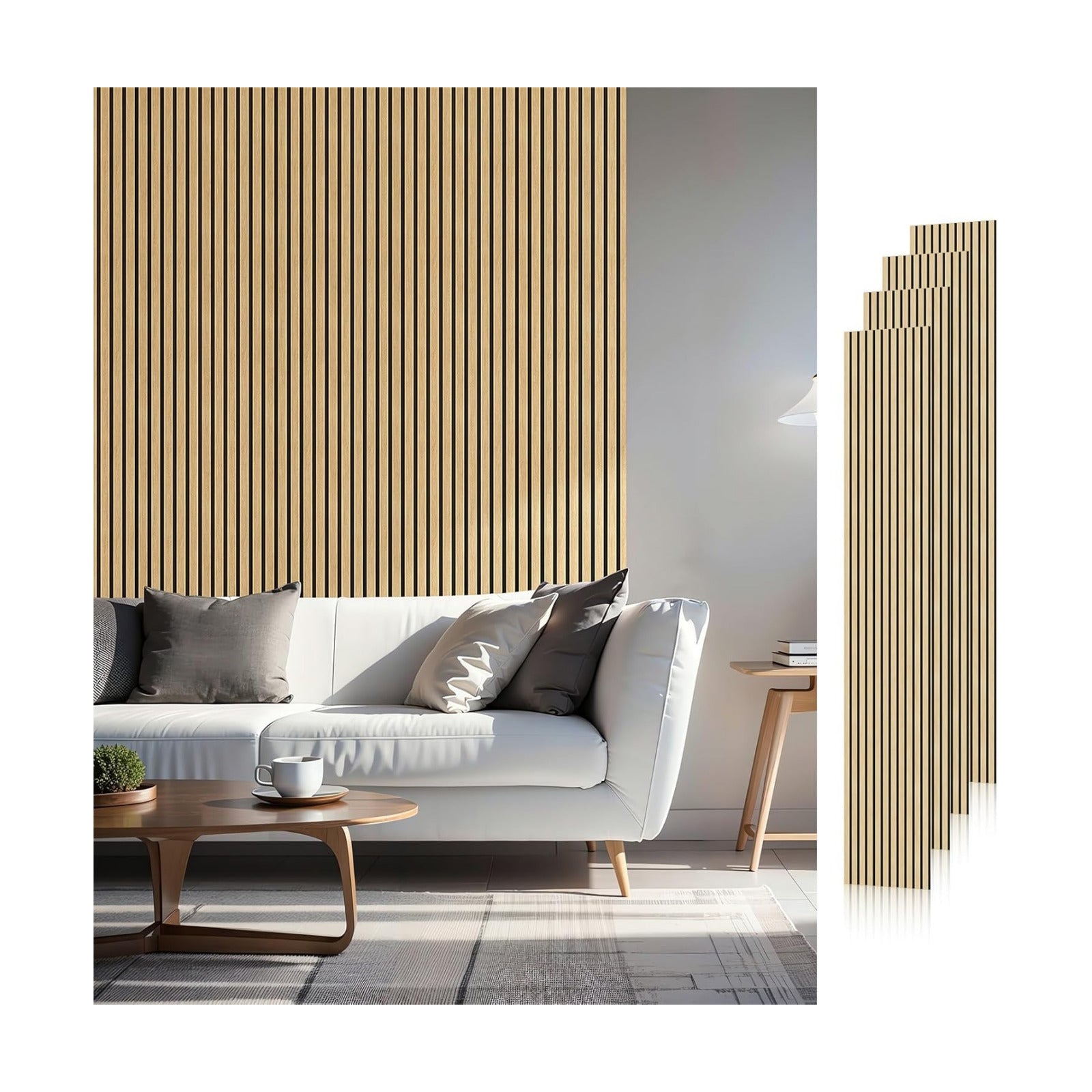 SMARTSTANDARD Wood Slat Acoustic Wall Panels 4 Pack 94"x12.6" White Oak | Noise Reducing and Sound Absorbing
