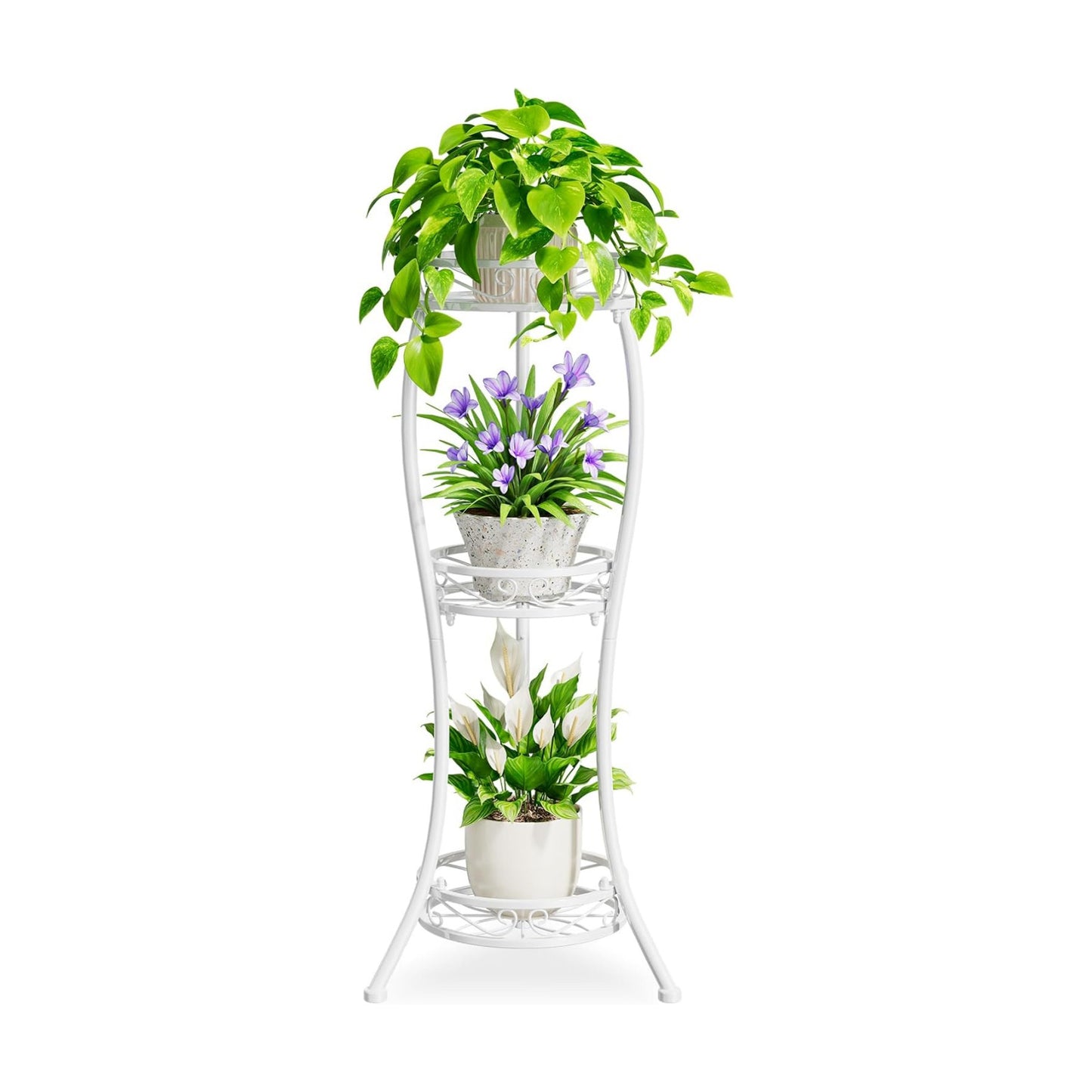 iDavosic.ly 3 Tier Metal Plant Stand Outdoor Indoor, 34 Inch Tall, White | Corner Flower Pot Holder Shelf, Wrought Iron