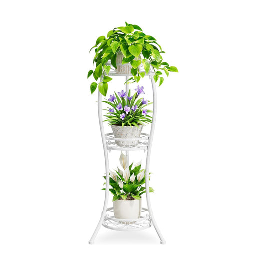 iDavosic.ly 3 Tier Metal Plant Stand Outdoor Indoor, 34 Inch Tall, White | Corner Flower Pot Holder Shelf, Wrought Iron