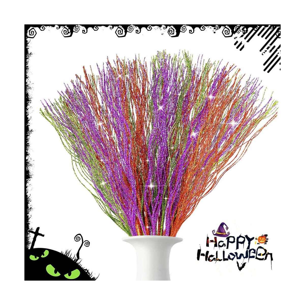 YBB 30Pcs Halloween Artificial Glitter Branches, 17 Inch Fall Stem Floral Picks Decorative Twigs for Halloween Thanksgiving Day Home Table Vase Decoration (Green&Purple&Orange)