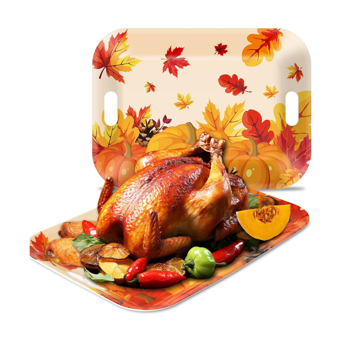 gisgfim 2Pcs Thanksgiving Day Fall Serving Tray 16.1 X 11.1 Inch Large Melamine Trays Platters with Handles Fall Pumpkin Leaves Food Trays Turkey Serving Dishes Snacks Dessert Plates Party Decorations