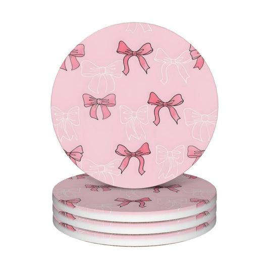 Absorbent Ceramic Cork Base Coasters Set Decorative 4.1 / Pink Bow / Set of 4