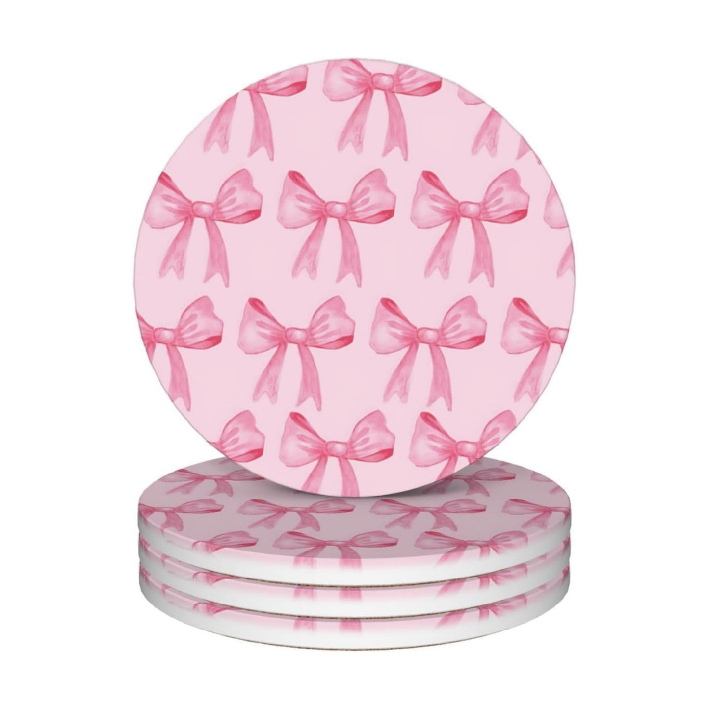 Ceramic Cork Base Coasters Set Decorative 4.1""- Pink Bow / Pink Bow 2 / Set of 4