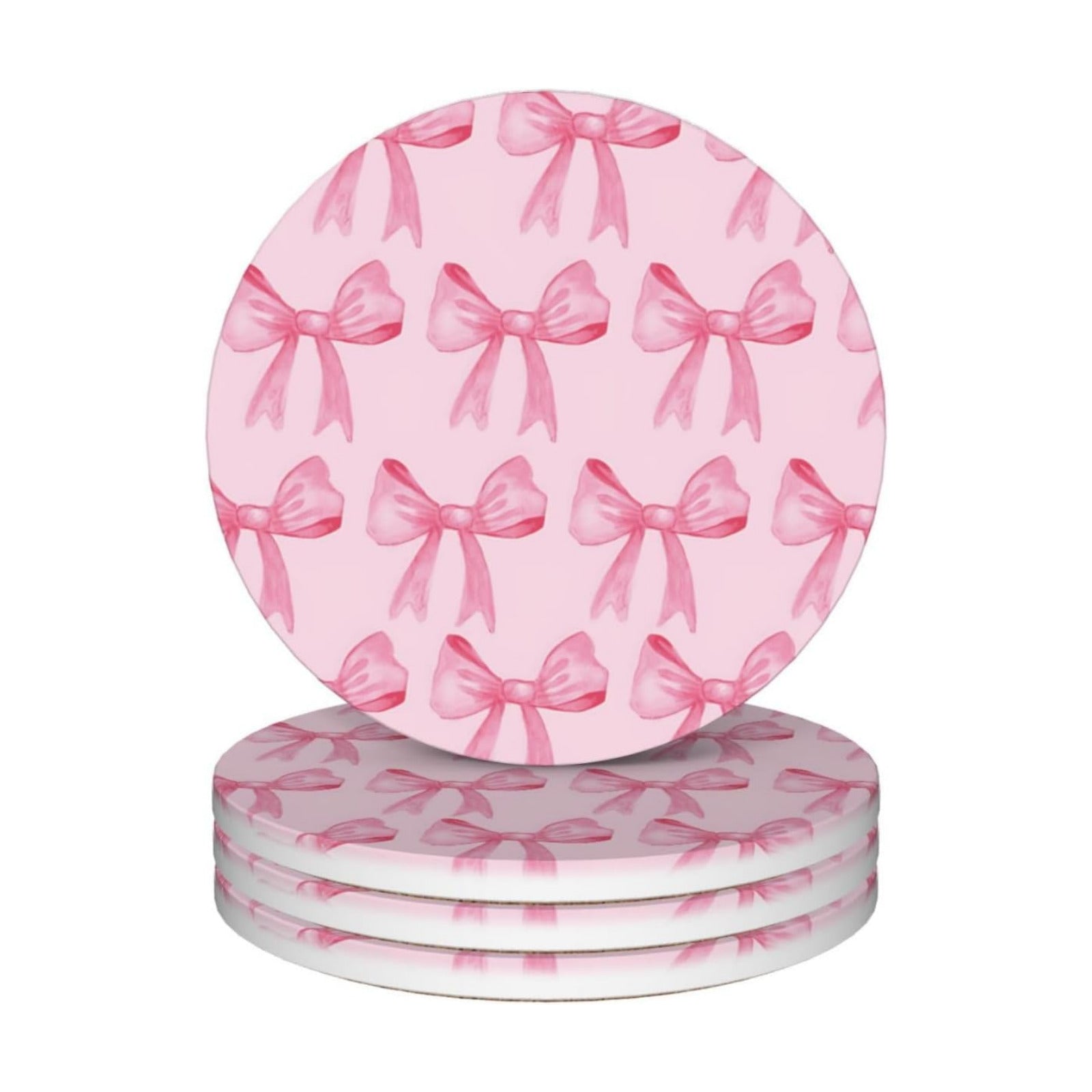 Ceramic Cork Base Coasters Set Decorative 4.1""- Pink Bow / Pink Bow 2 / Set of 4