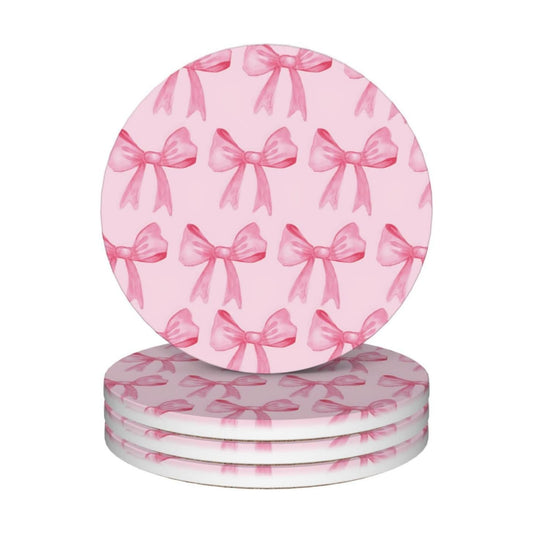 Ceramic Cork Base Coasters Set Decorative 4.1""- Pink Bow / Pink Bow 2 / Set of 4
