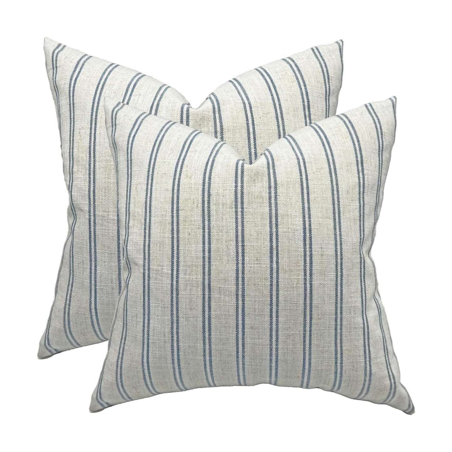 Farmhouse Linen Throw Pillow Cover / Blue Striped / 18 x 18 / Set of 2
