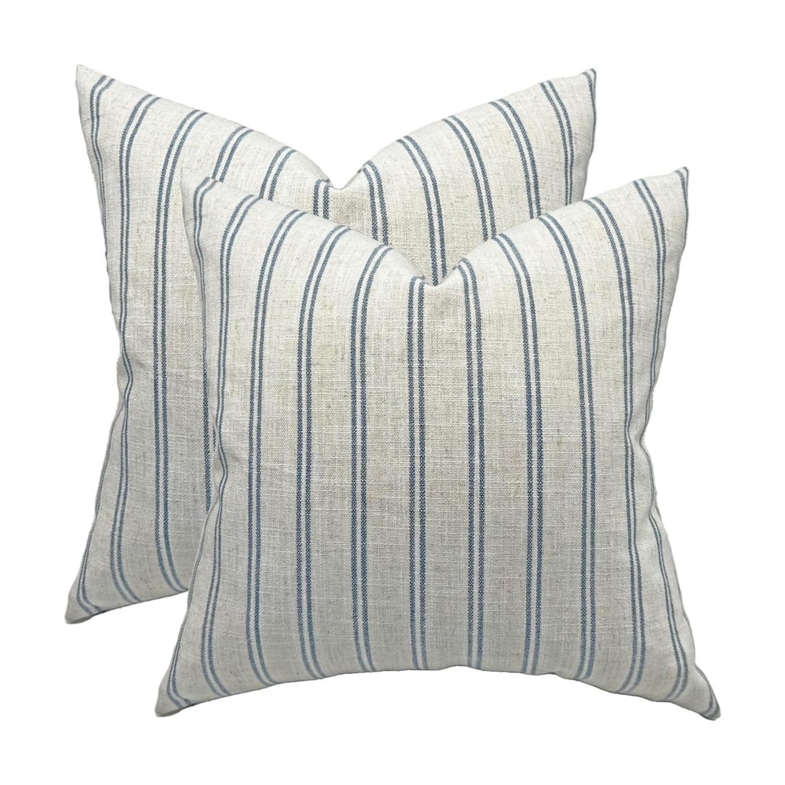 Farmhouse Linen Throw Pillow Cover / Blue Striped / 18 x 18 / Set of 2