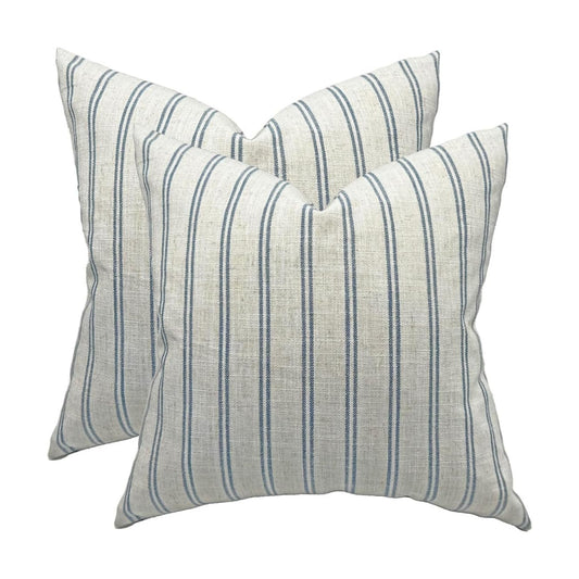 Farmhouse Linen Throw Pillow Cover / Blue Striped / 18 x 18 / Set of 2