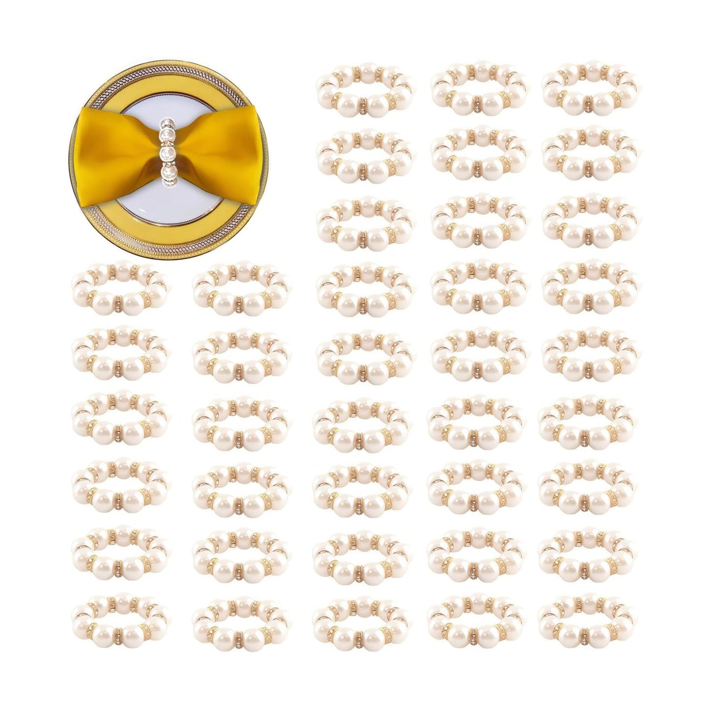 100Pcs Gold Disposable Napkin Rings Imitation Pearl Ring Napkin Holder Delicate White&Gold Beaded Serviette Buckles for