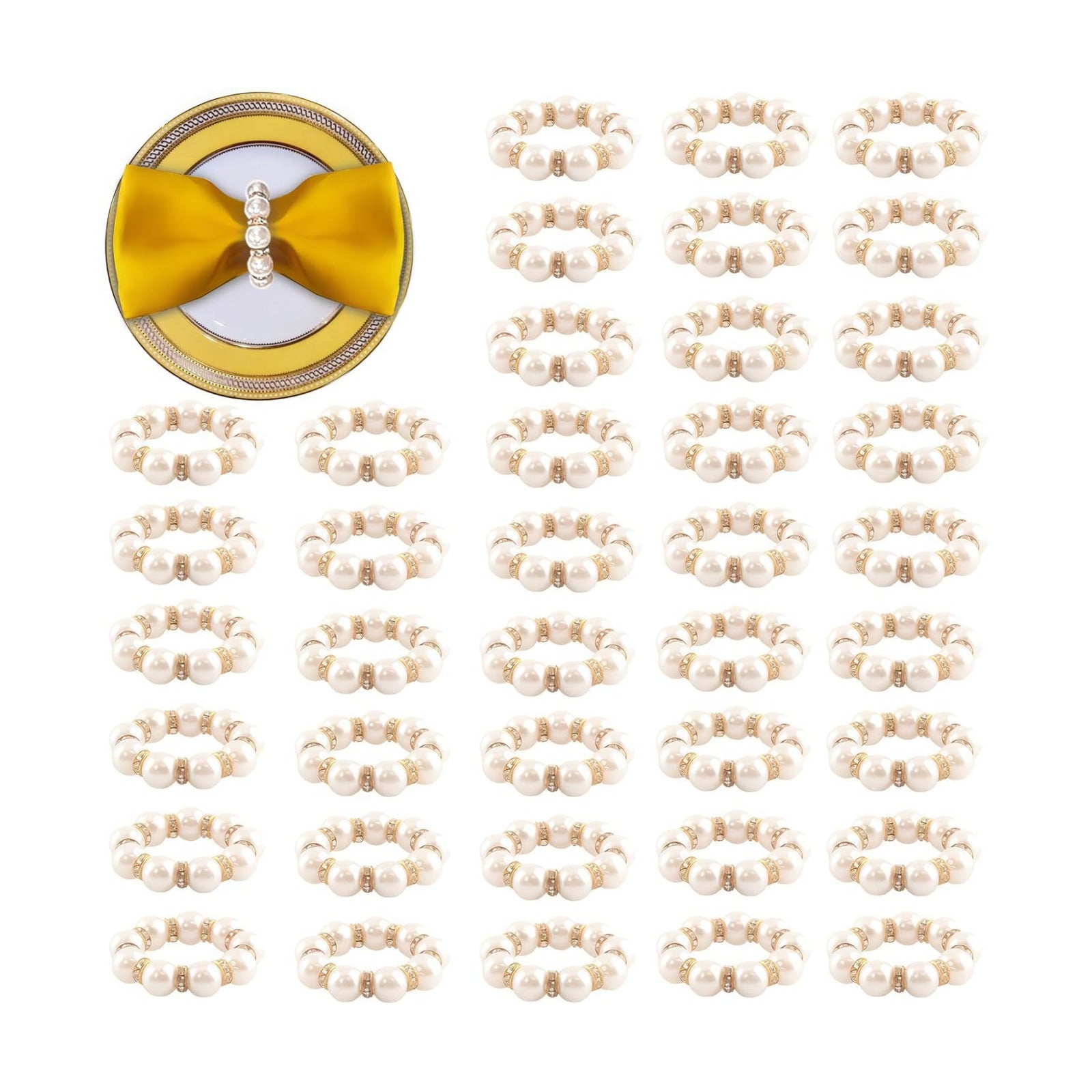100Pcs Gold Disposable Napkin Rings Imitation Pearl Ring Napkin Holder Delicate White&Gold Beaded Serviette Buckles for