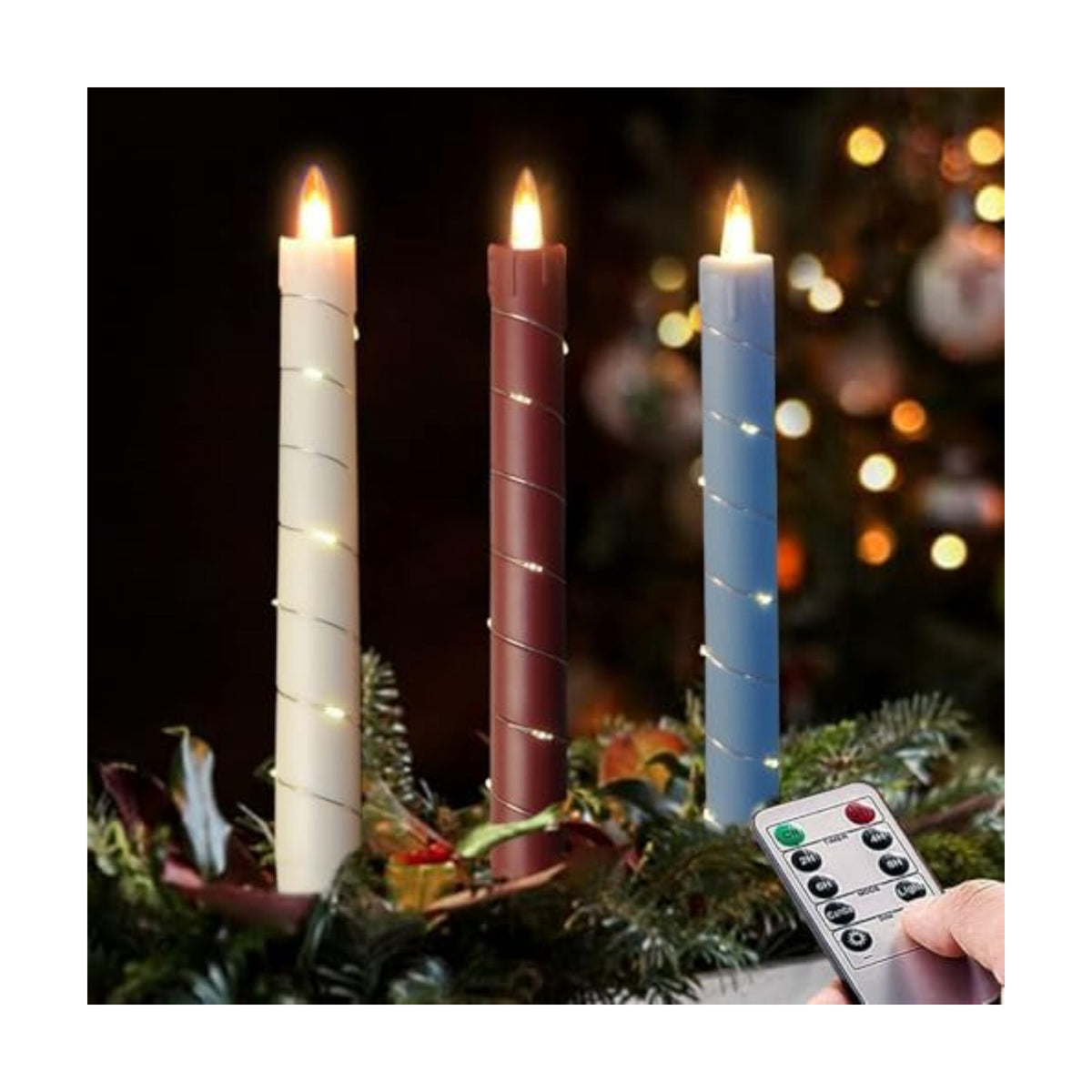 Flameless Cone Candle with Built-in Star String Light, 11-Button Remote Control, Timer, Battery Powered, Simulated Flame, 3-Pack Window Candle, Christmas Home & Wedding Decoration (White, red, Blue)