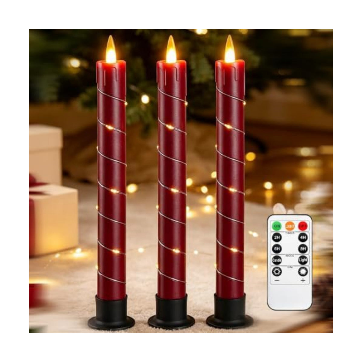 Flameless Cone-Shaped Candle, Patented with Starlight String, 11 Key Remote Control, Timer, Battery Powered, Patented Simulated Flame, 3 Packs, Christmas Home and Wedding Decoration (red)