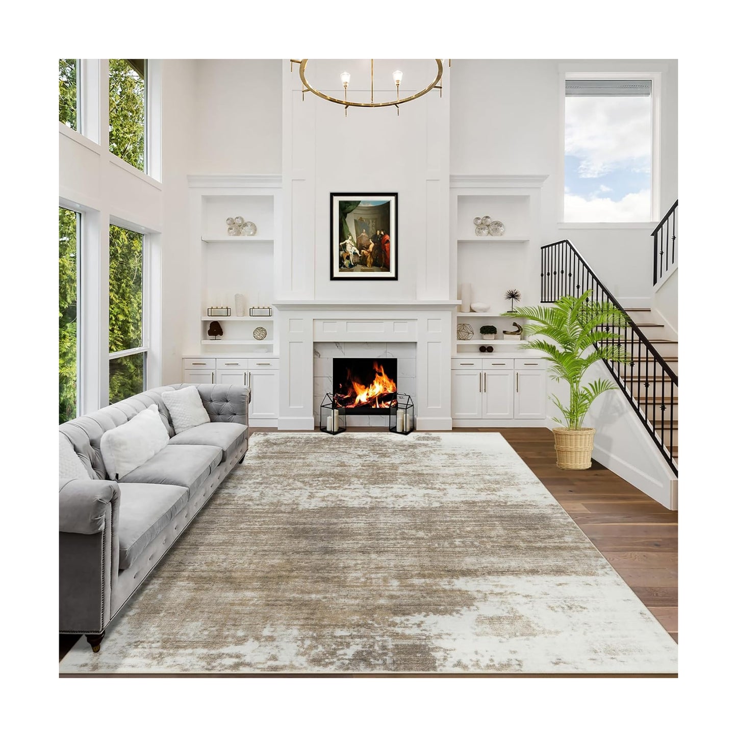 9x12 Area Rugs for Living Room: Washable Abstract Brown White Carpet
