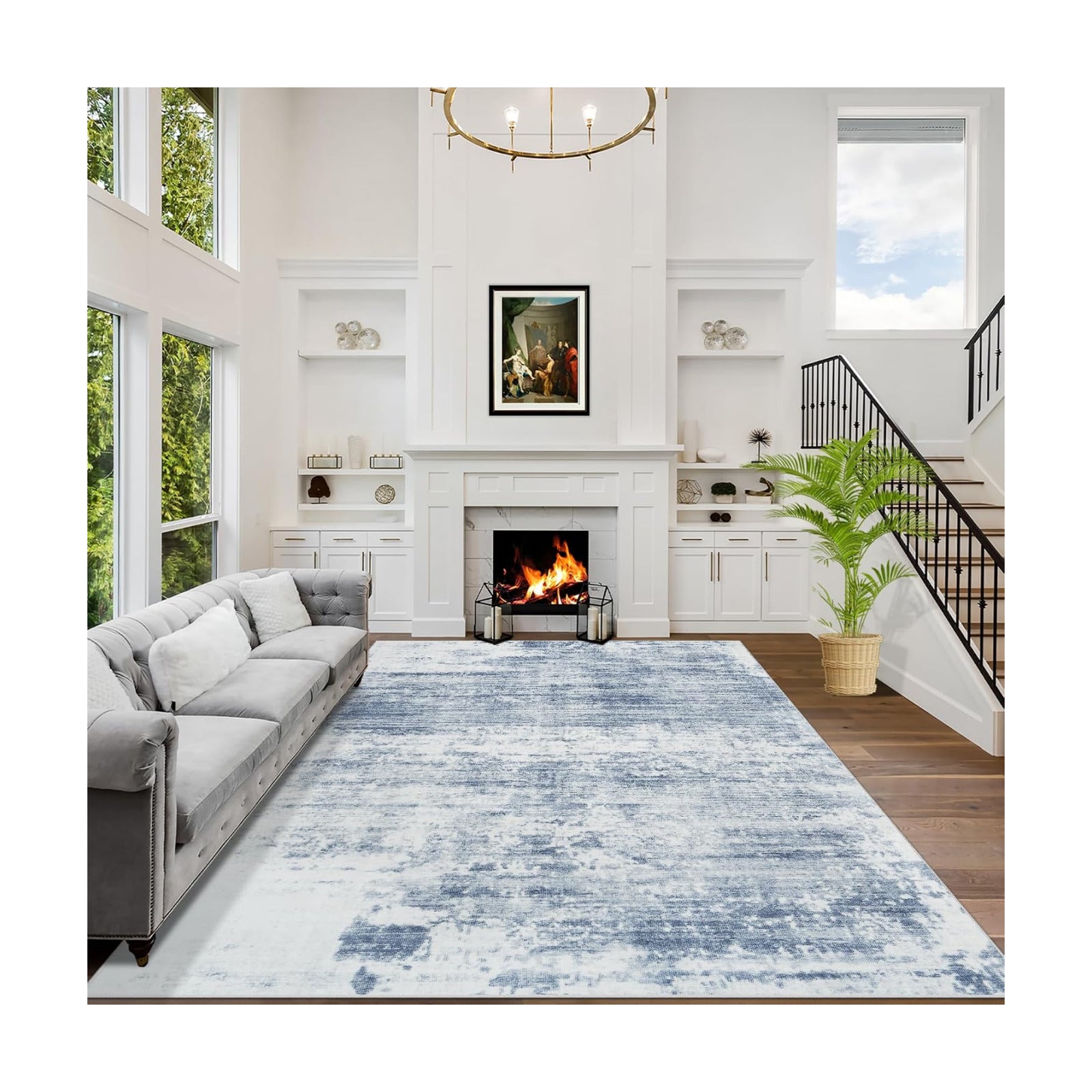 8x10 Area Rugs for Living Room: Washable Abstract Blue White Badroom Carpet