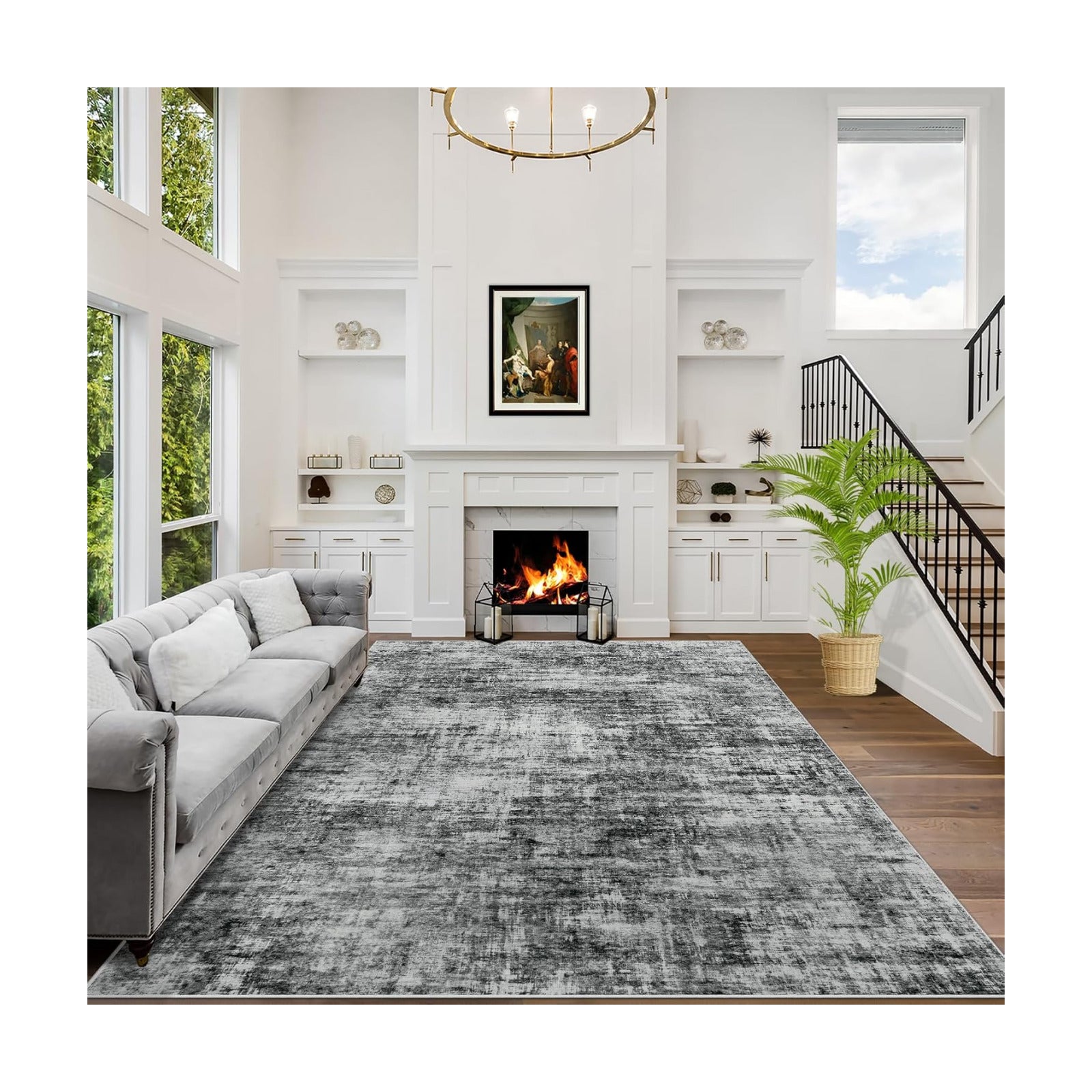 9x12 Area Rugs for Living Room: Washable Abstract Black Badroom Carpet